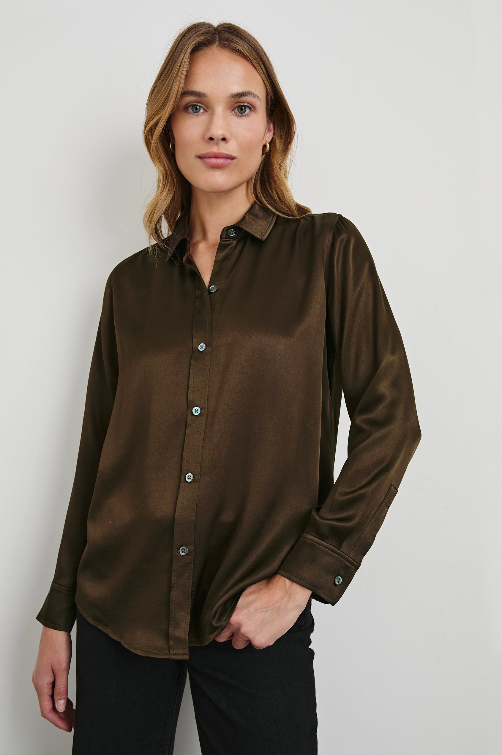 Maria Long-Sleeve Button Up in Dark Moss Colorway - Front View Featured on Model