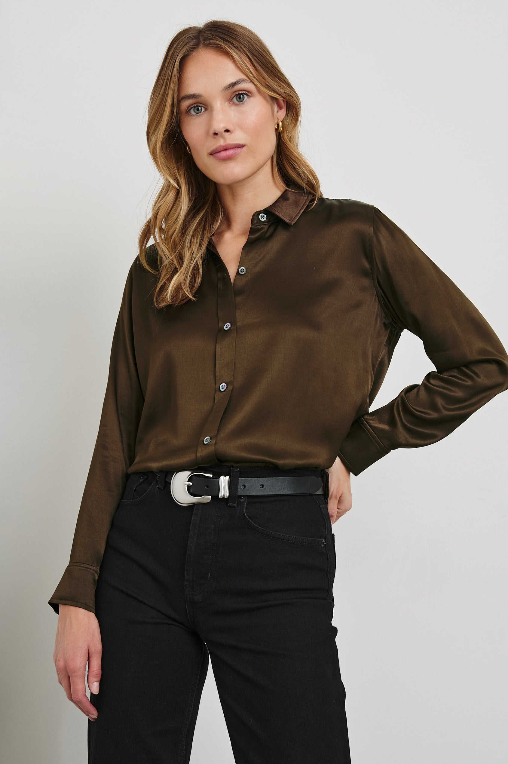 Maria Long-Sleeve Button Up in Dark Moss Colorway - Front Tucked View Featured on Model