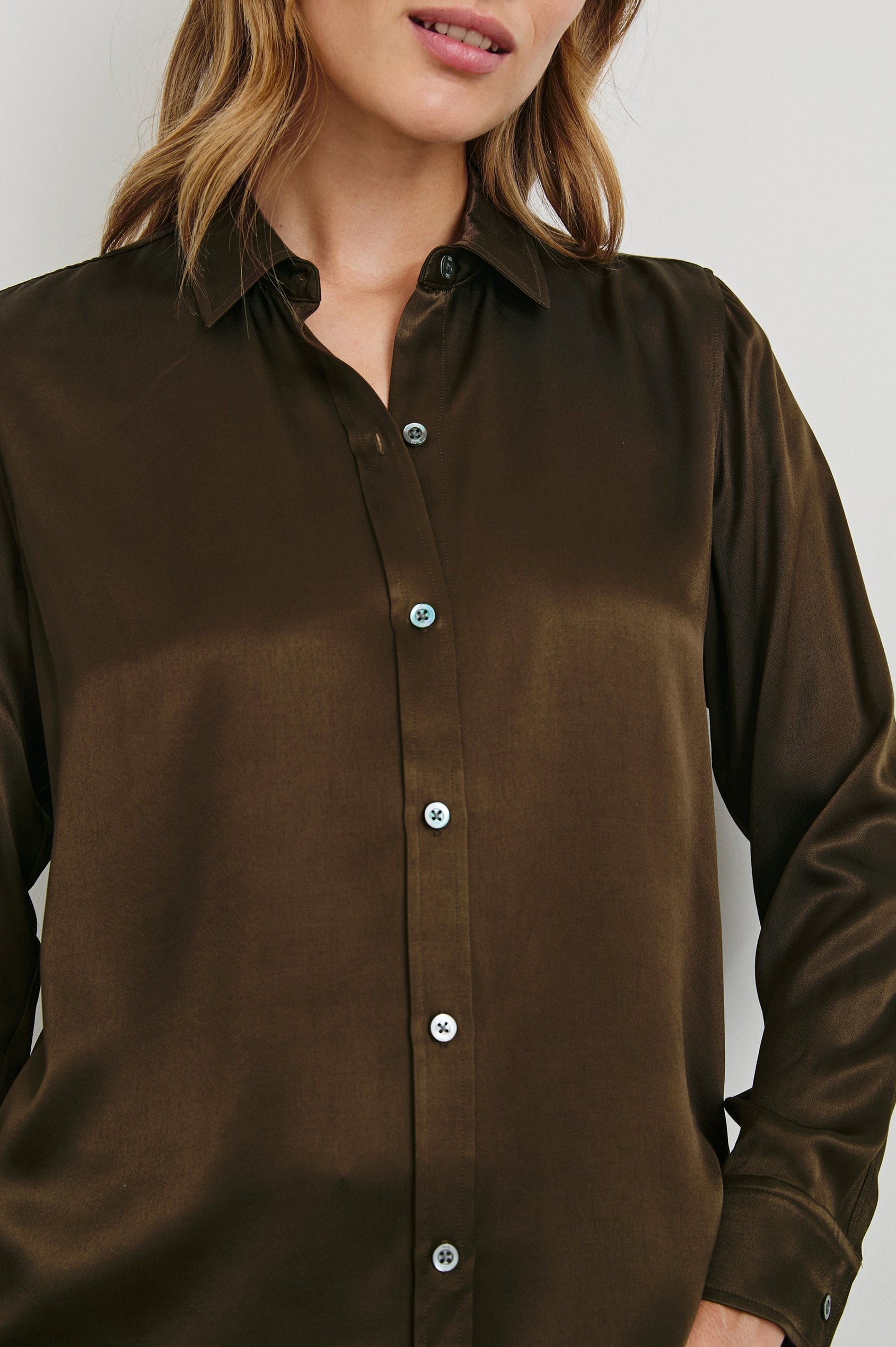 Maria Long-Sleeve Button Up in Dark Moss Colorway - Front Tucked View Featured on Model