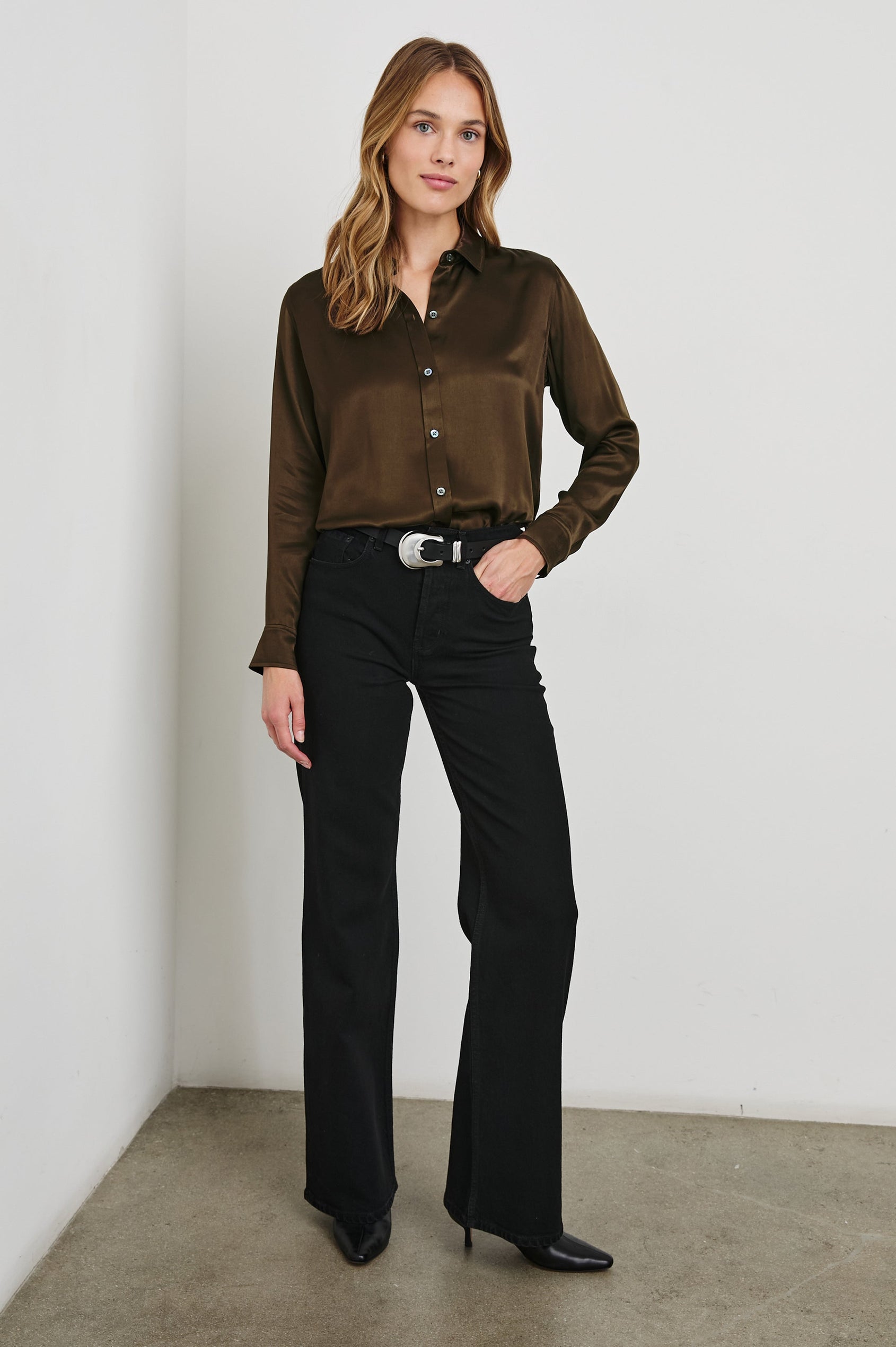 Maria Long-Sleeve Button Up in Dark Moss Colorway - Front Tucked Full Body View Featured on Model