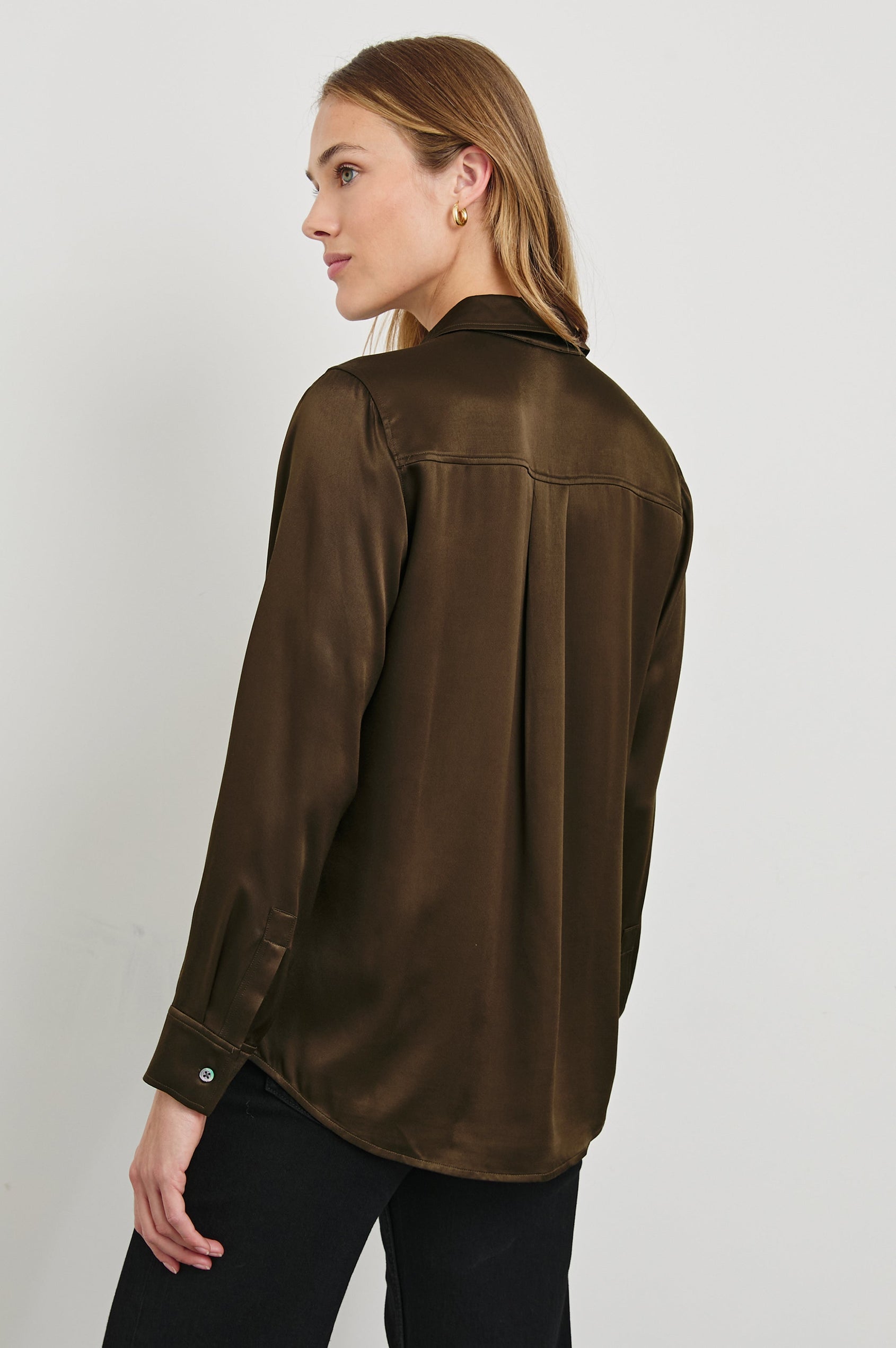 Maria Long-Sleeve Button Up in Dark Moss Colorway - Back View Featured on Model