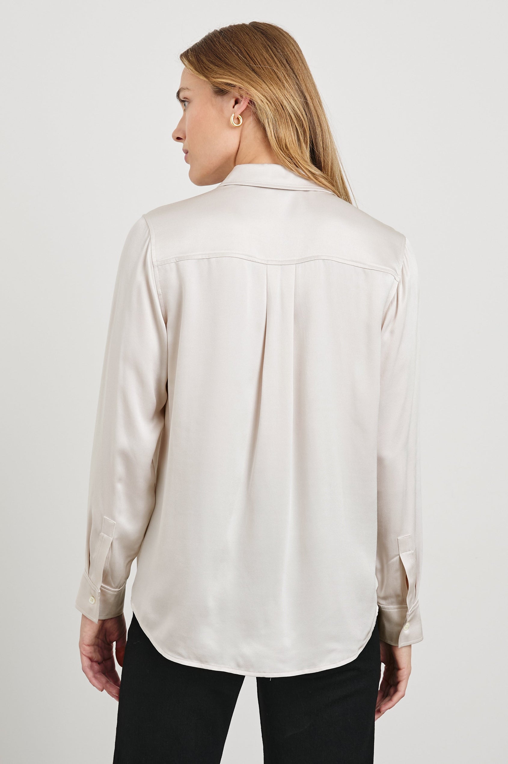 Maria Long-Sleeve Button Up in Ivory Colorway - Back View Featured on Model