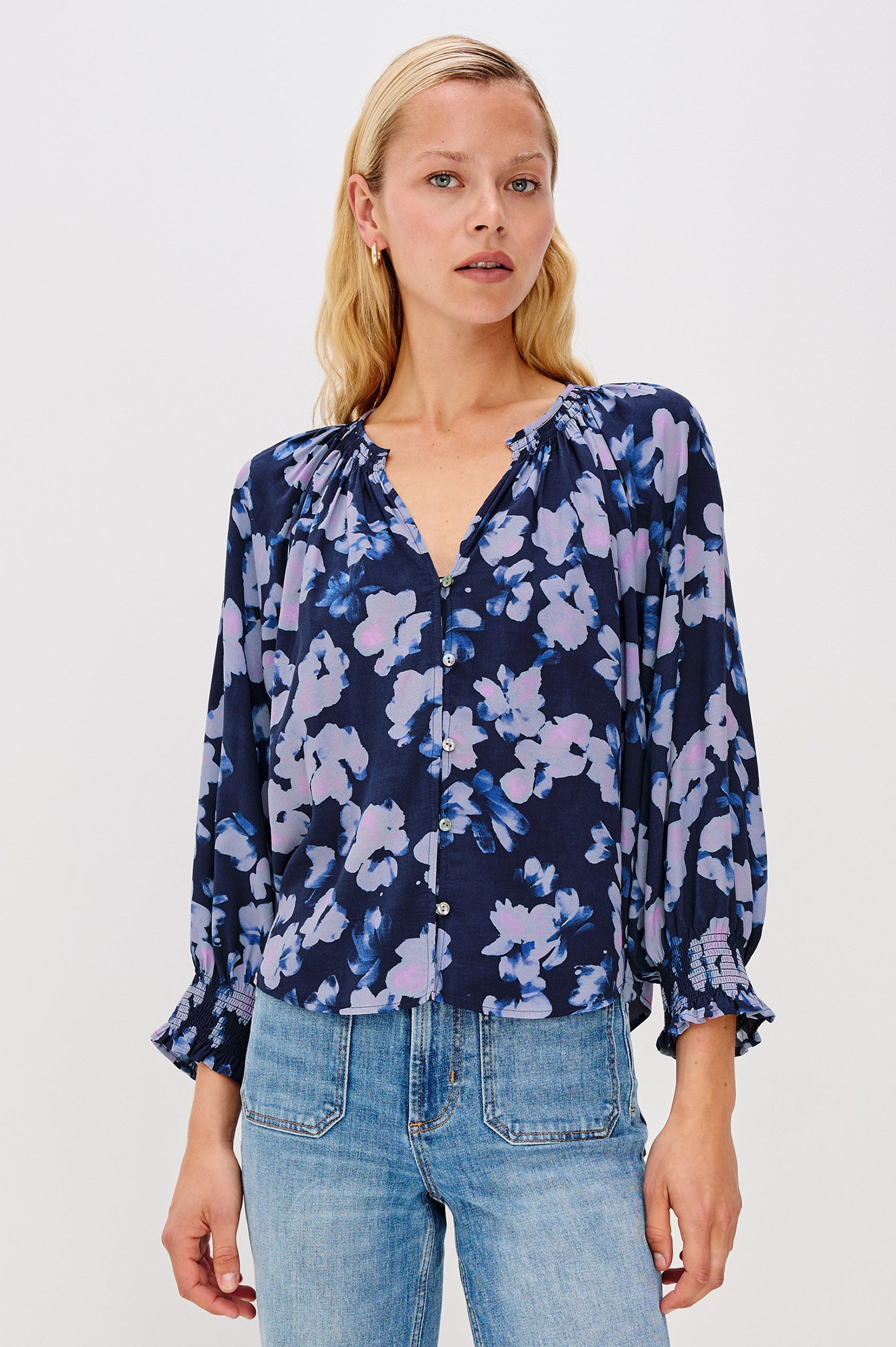 Mariah Button Down Shirt With 3/4" Length Sleeves with Elastic Smoking at Sleeve Hem, V-Neck and Half Button Front in Midnight Peony Colorway - Front View Featured on Model, Untucked