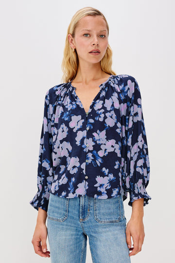 Mariah Button Down Shirt With 3/4" Length Sleeves with Elastic Smoking at Sleeve Hem, V-Neck and Half Button Front in Midnight Peony Colorway - Front View Featured on Model, Untucked