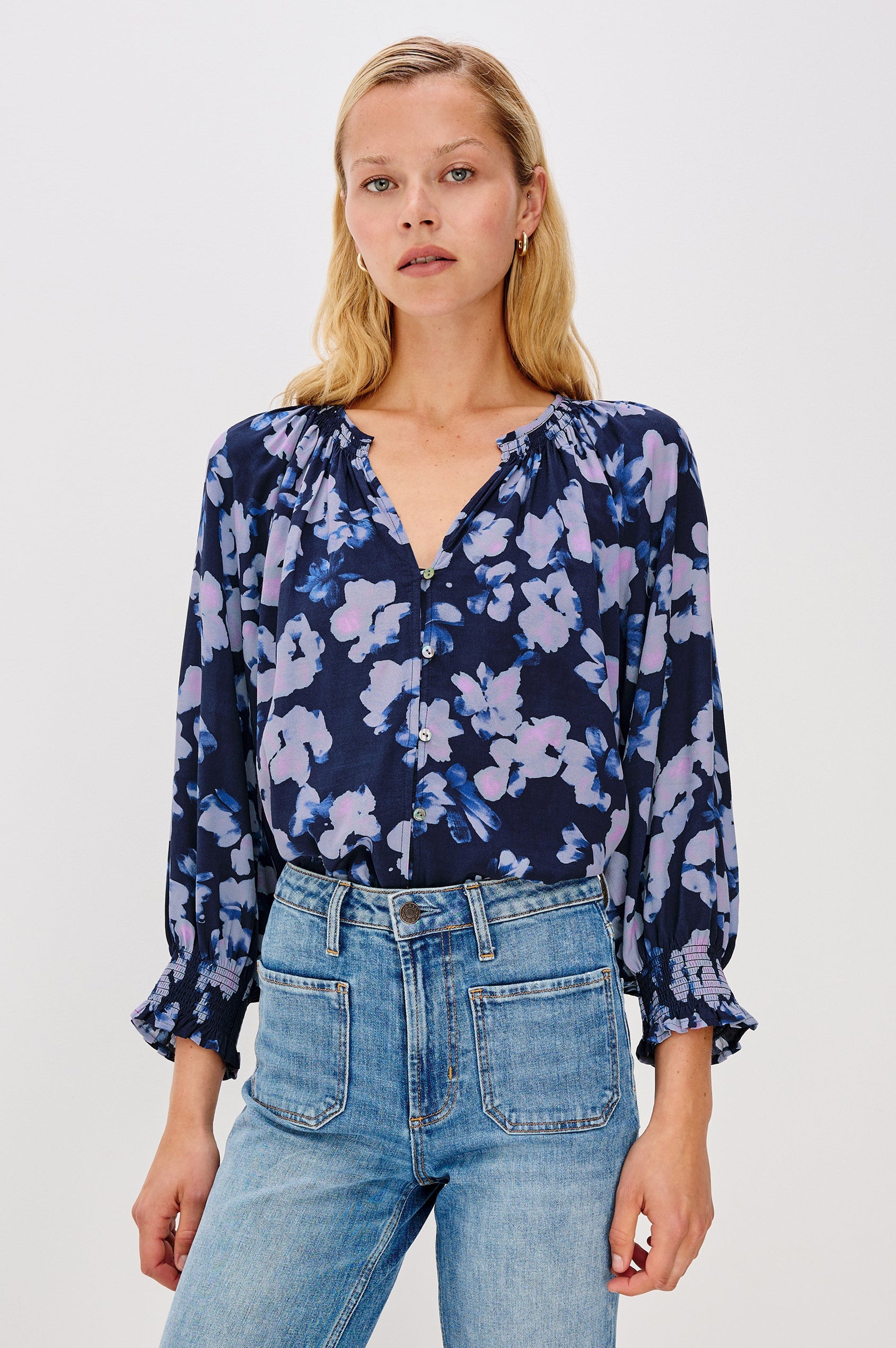 Mariah Button Down Shirt With 3/4" Length Sleeves with Elastic Smoking at Sleeve Hem, V-Neck and Half Button Front in Midnight Peony Colorway - Front View Featured on Model, Shirt Tucked In