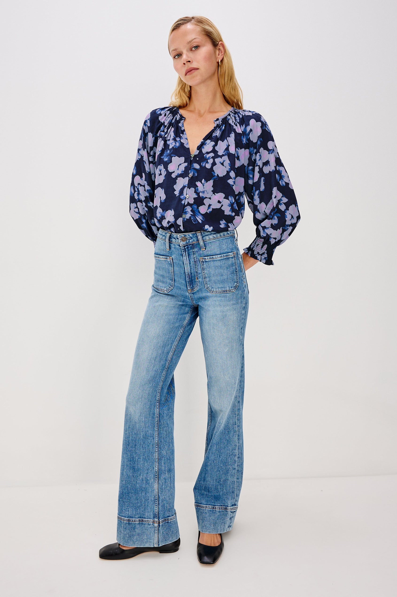 Mariah Button Down Shirt With 3/4" Length Sleeves with Elastic Smoking at Sleeve Hem, V-Neck and Half Button Front in Midnight Peony Colorway - Full Body Front View Featured on Model
