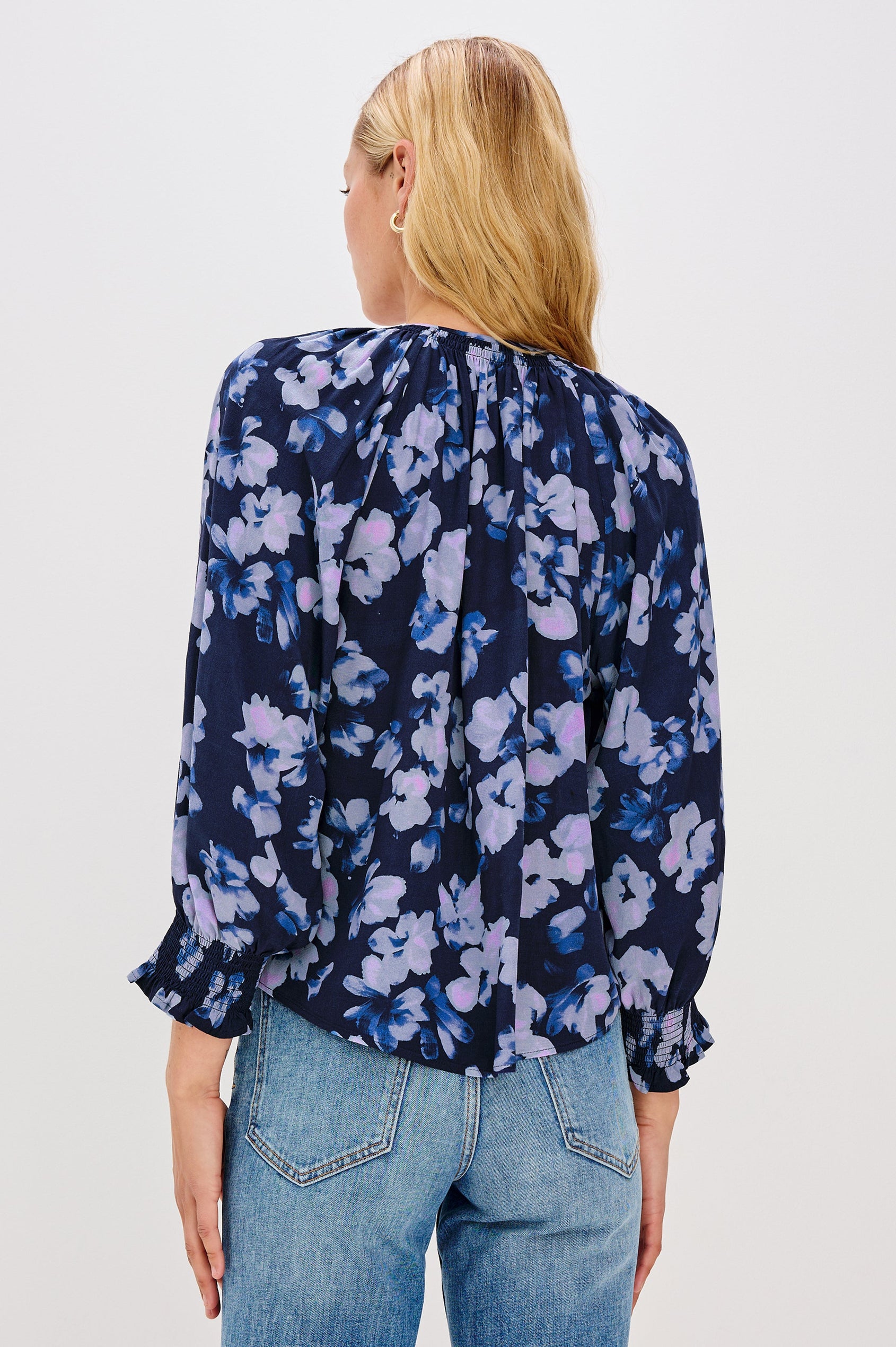 Mariah Button Down Shirt With 3/4" Length Sleeves with Elastic Smoking at Sleeve Hem, V-Neck and Half Button Front in Midnight Peony Colorway - Back View Featured on Model