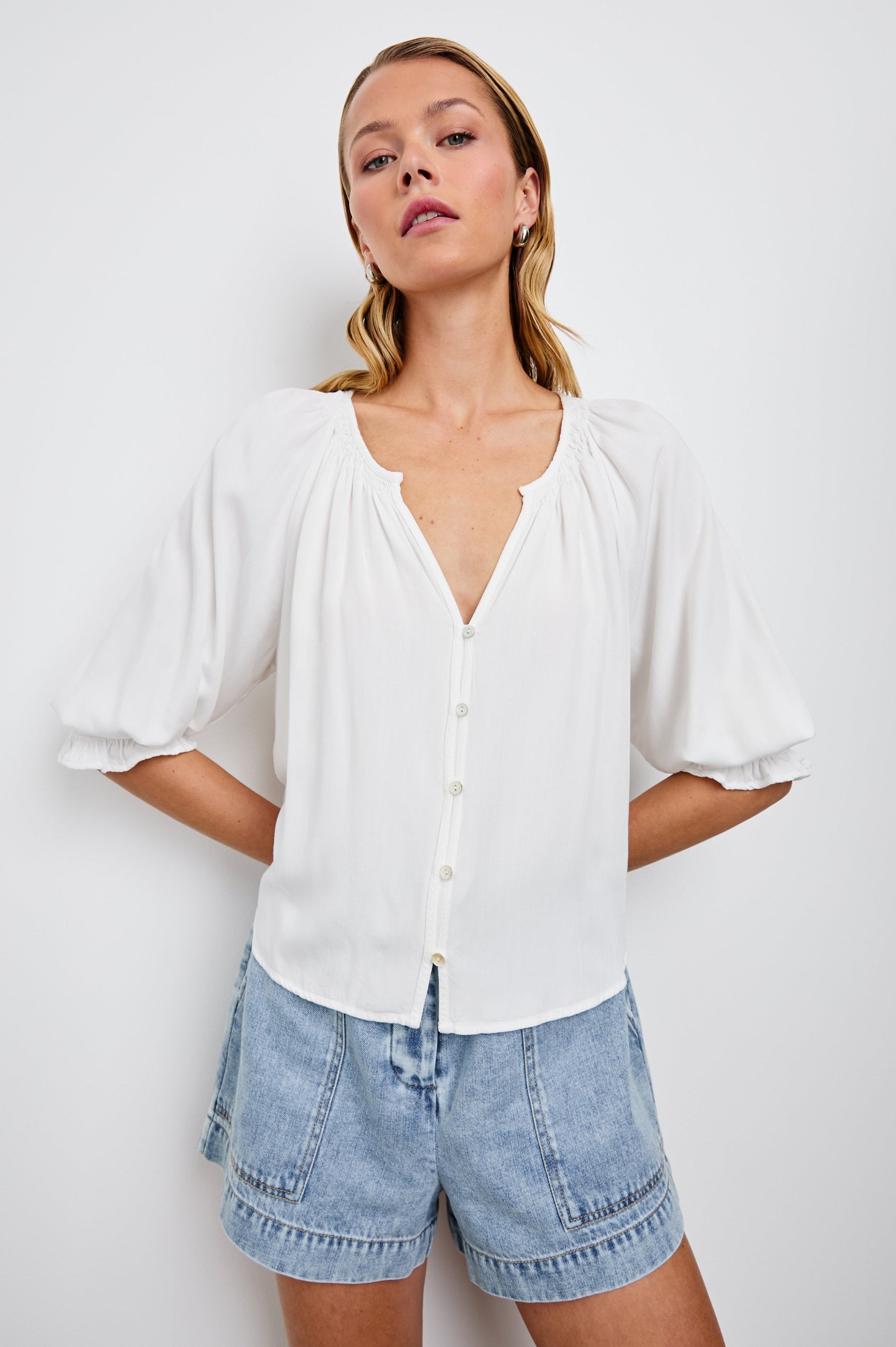Mariah Buttondown Shirt With Mid Length Sleeves in Pearl Colorway - Front Untucked View Featured on Model