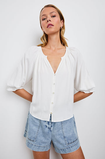 Mariah Buttondown Shirt With Mid Length Sleeves in Pearl Colorway - Front Untucked View Featured on Model
