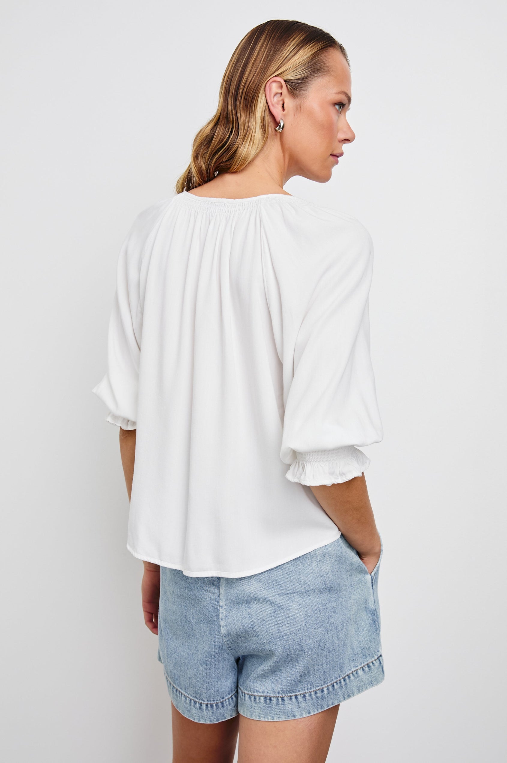 Mariah Buttondown Shirt With Mid Length Sleeves in Pearl Colorway - Back View Featured on Model