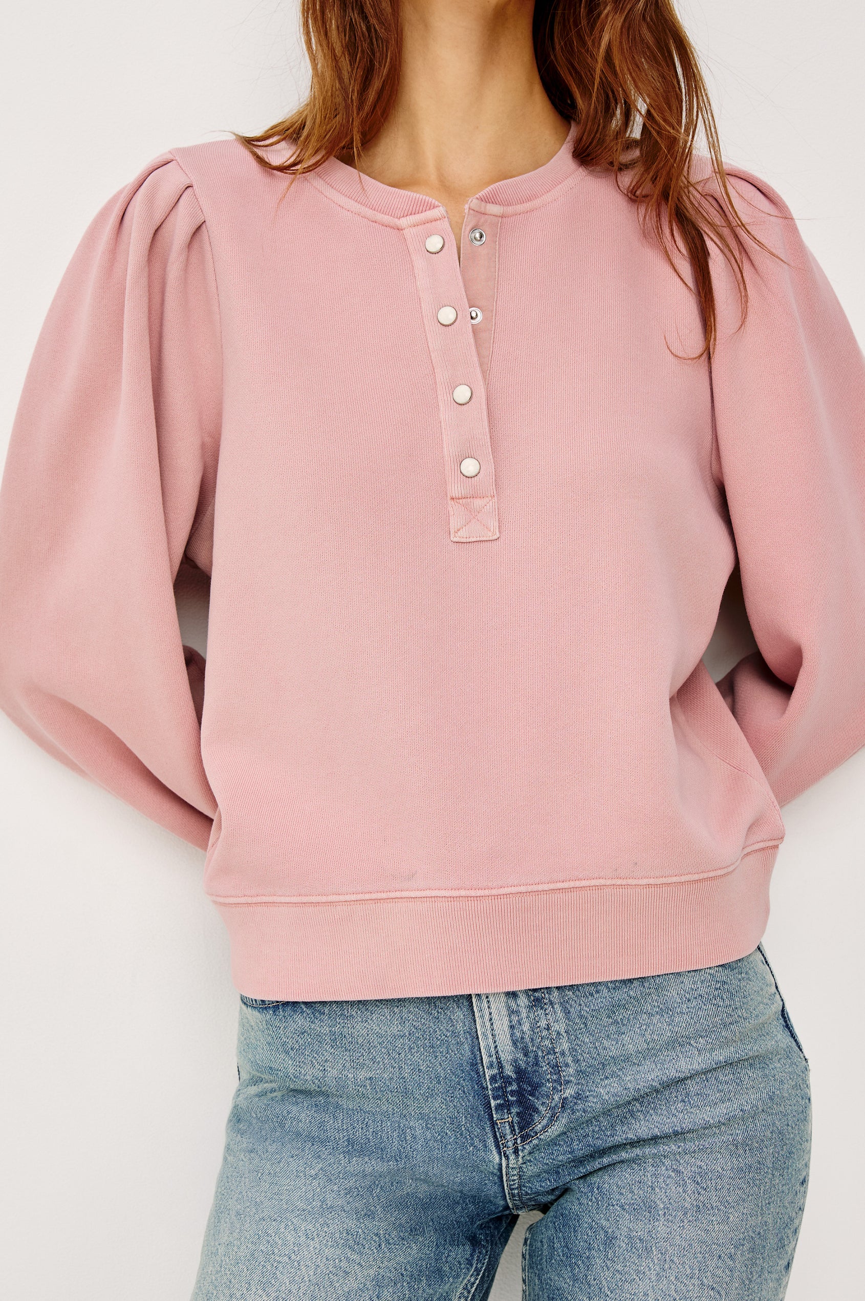 Mariana Sweatshirt in Terry WIth Front Snap Button Placket, Pleated Shoulders, Long Sleeves, and Ribbed Trim in Ballet Colorway - Upper Body Front Close Up View Featured on Model