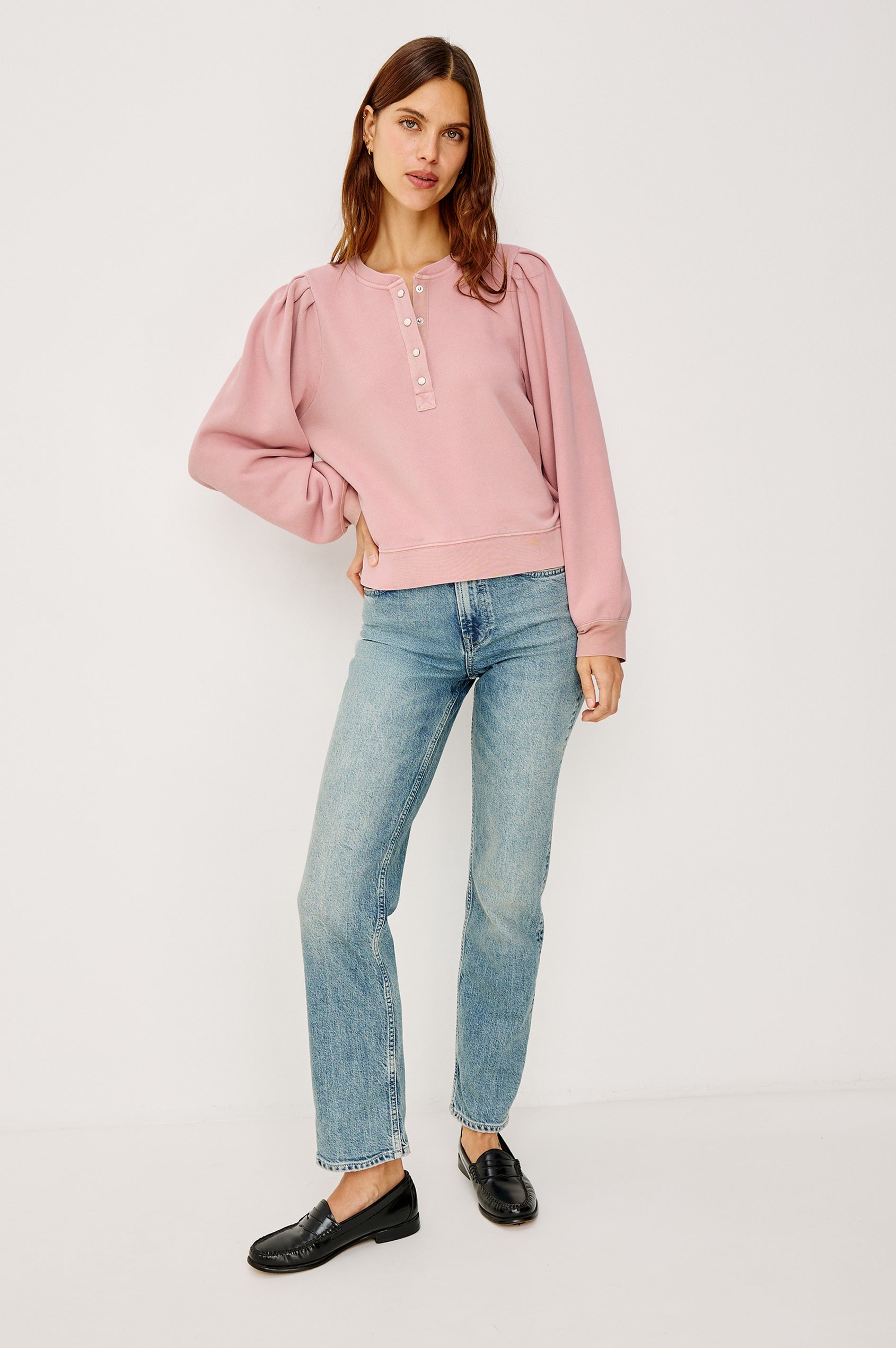 Mariana Sweatshirt in Terry WIth Front Snap Button Placket, Pleated Shoulders, Long Sleeves, and Ribbed Trim in Ballet Colorway - Full Body Front View Featured on Model