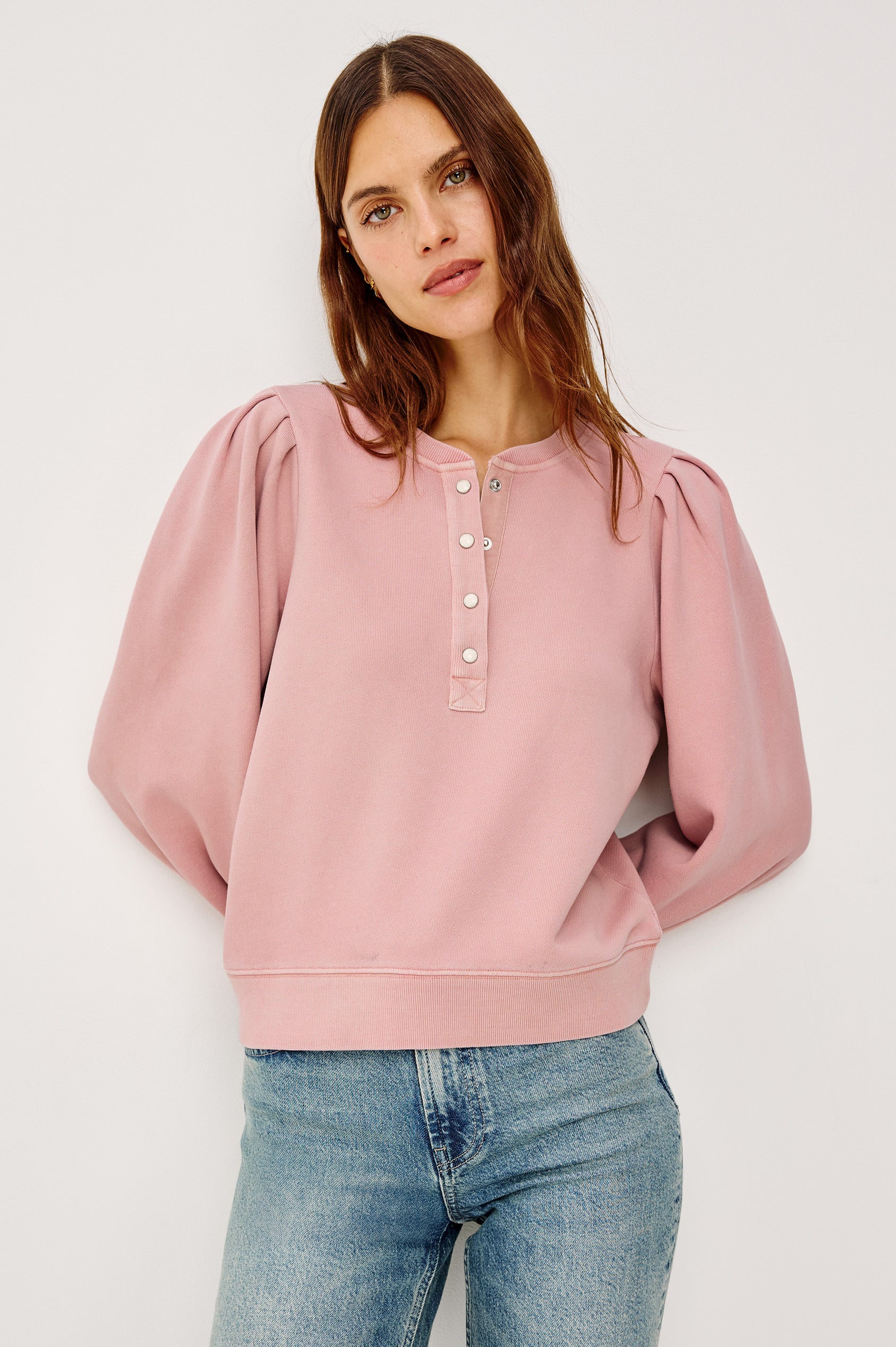 Mariana Sweatshirt in Terry WIth Front Snap Button Placket, Pleated Shoulders, Long Sleeves, and Ribbed Trim in Ballet Colorway - Upper Body Front View Featured on Model