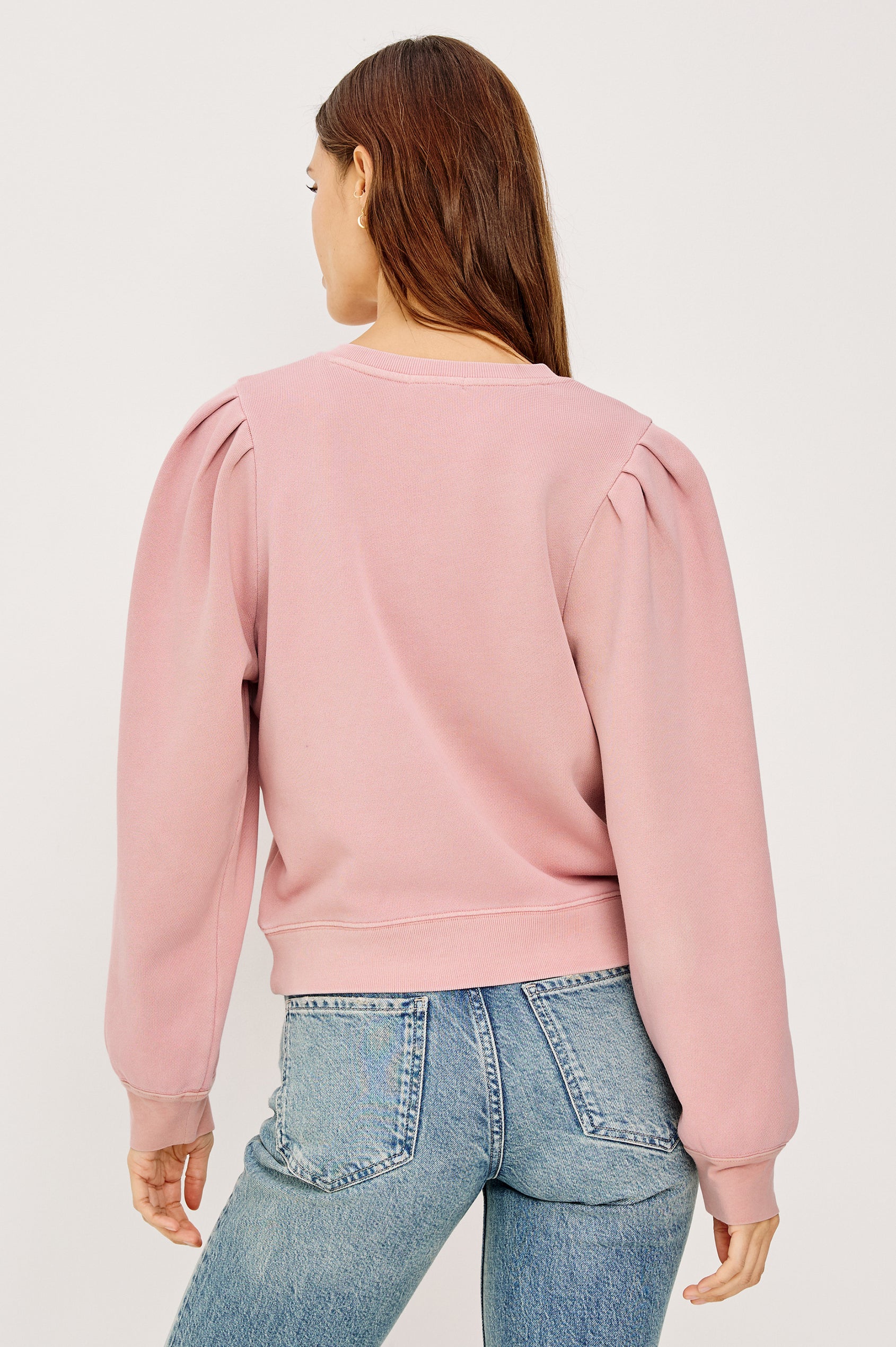 Mariana Sweatshirt in Terry WIth Front Snap Button Placket, Pleated Shoulders, Long Sleeves, and Ribbed Trim in Ballet Colorway - Upper Body Back View Featured on Model