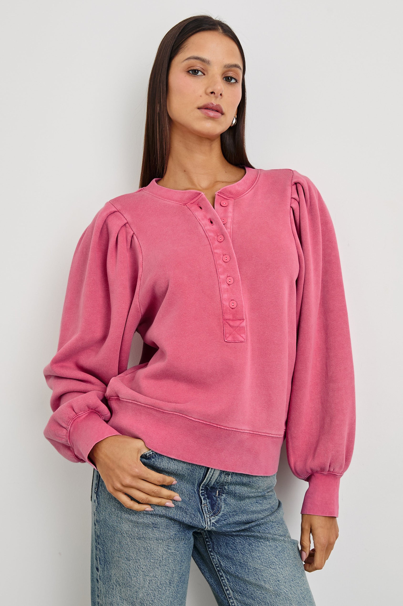 Mariana Long-Sleeve Sweatshirt with a Crew Neck with a Six-Button Placket and Light Ruching at the Cuffs and Sleeve Shoulder in Hibiscus Colorway - Front View Featured on Model 