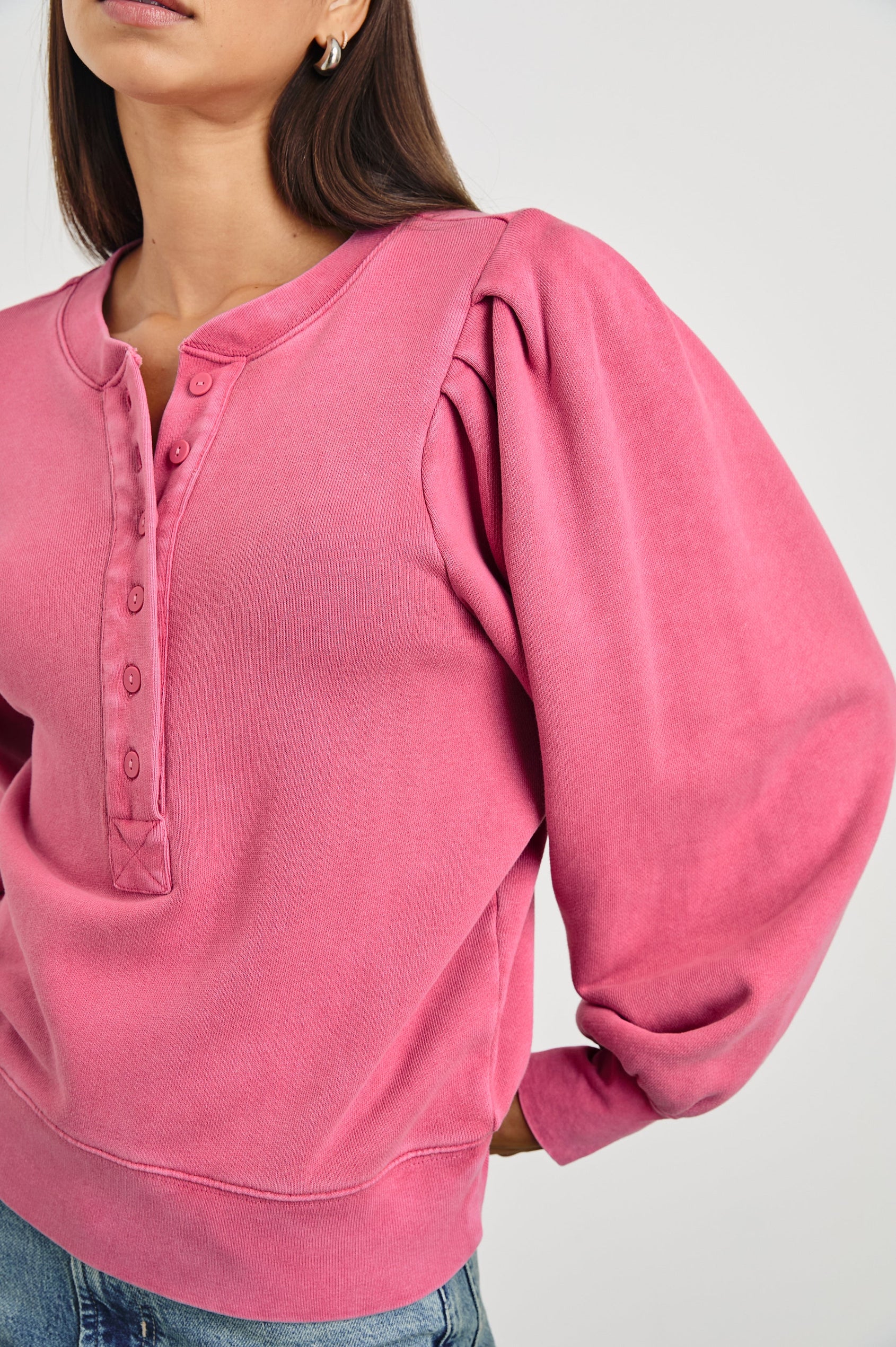 Mariana Long-Sleeve Sweatshirt with a Crew Neck with a Six-Button Placket and Light Ruching at the Cuffs and Sleeve Shoulder in Hibiscus Colorway - Front View Featured on Model 