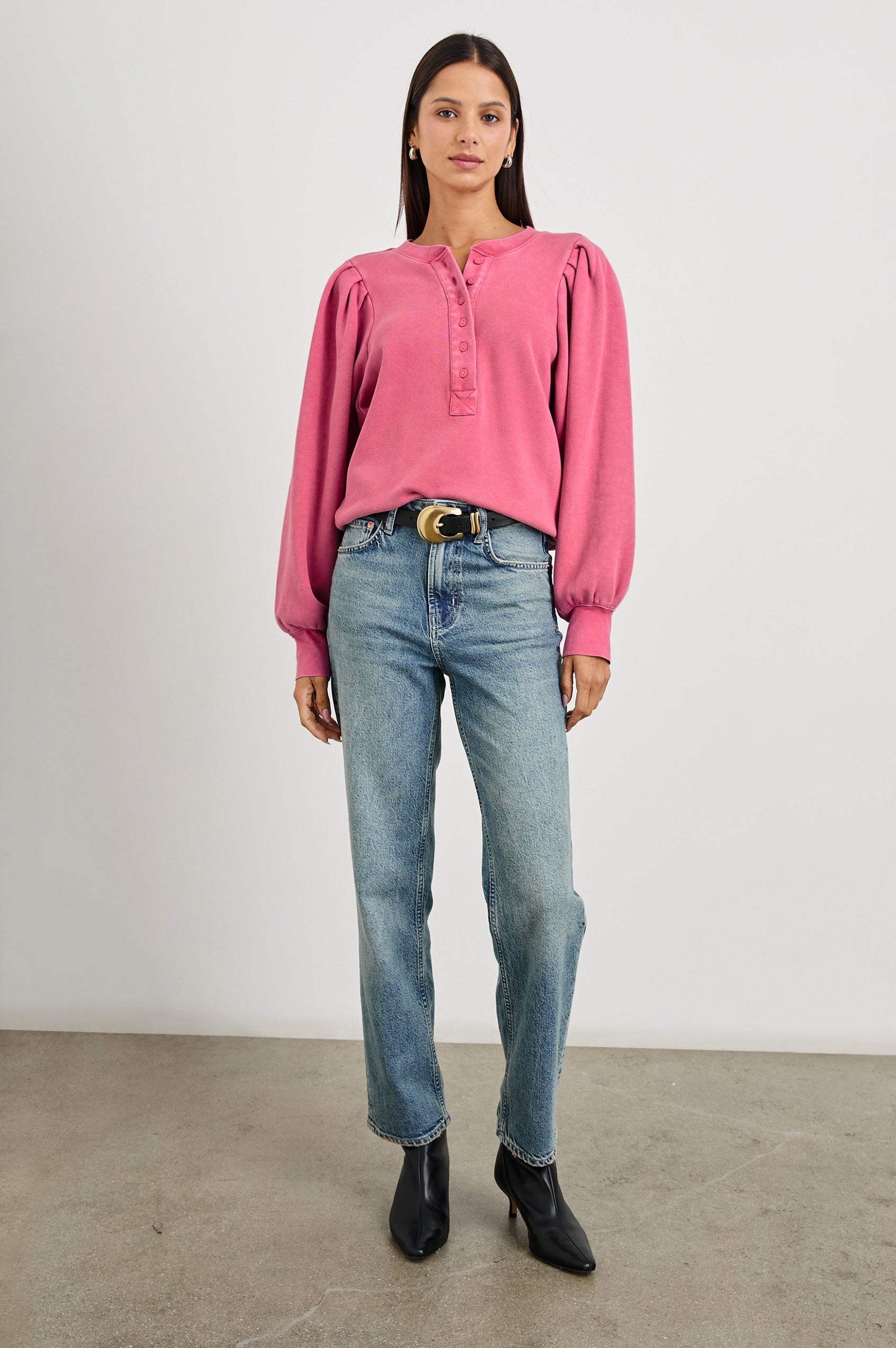 Mariana Long-Sleeve Sweatshirt with a Crew Neck with a Six-Button Placket and Light Ruching at the Cuffs and Sleeve Shoulder in Hibiscus Colorway - Front Full Body View Featured on Model 