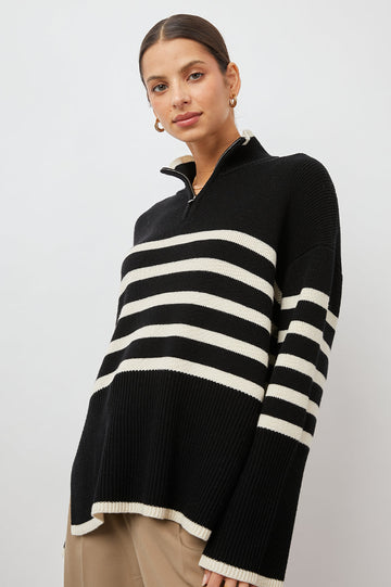 TESSA SWEATER ONYX IVORY STRIPE - FRONT