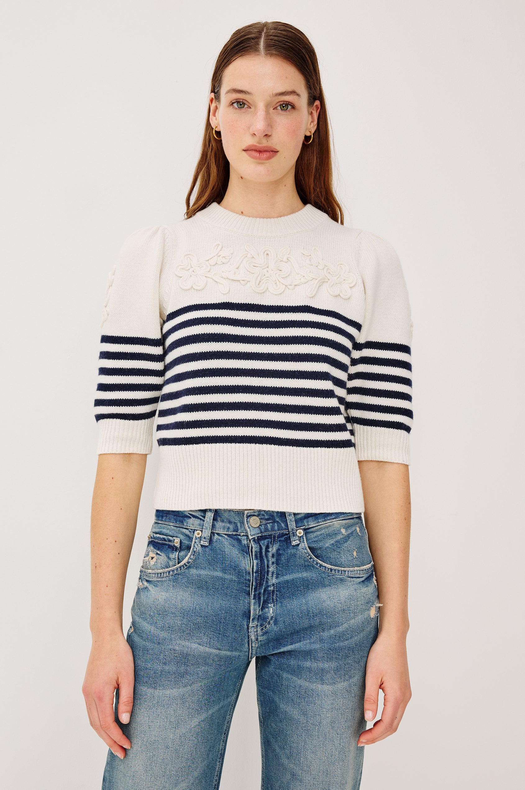 Martha Top in Wool Blend With Crew Neckline, Soutached Floral Detailing, Elbow-Length Puff Sleeves, and Ribbed Trim in Navy Floral Stripe Colorway - Upper Body Front View Featured on Model