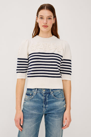 Martha Top in Wool Blend With Crew Neckline, Soutached Floral Detailing, Elbow-Length Puff Sleeves, and Ribbed Trim in Navy Floral Stripe Colorway - Upper Body Front View Featured on Model