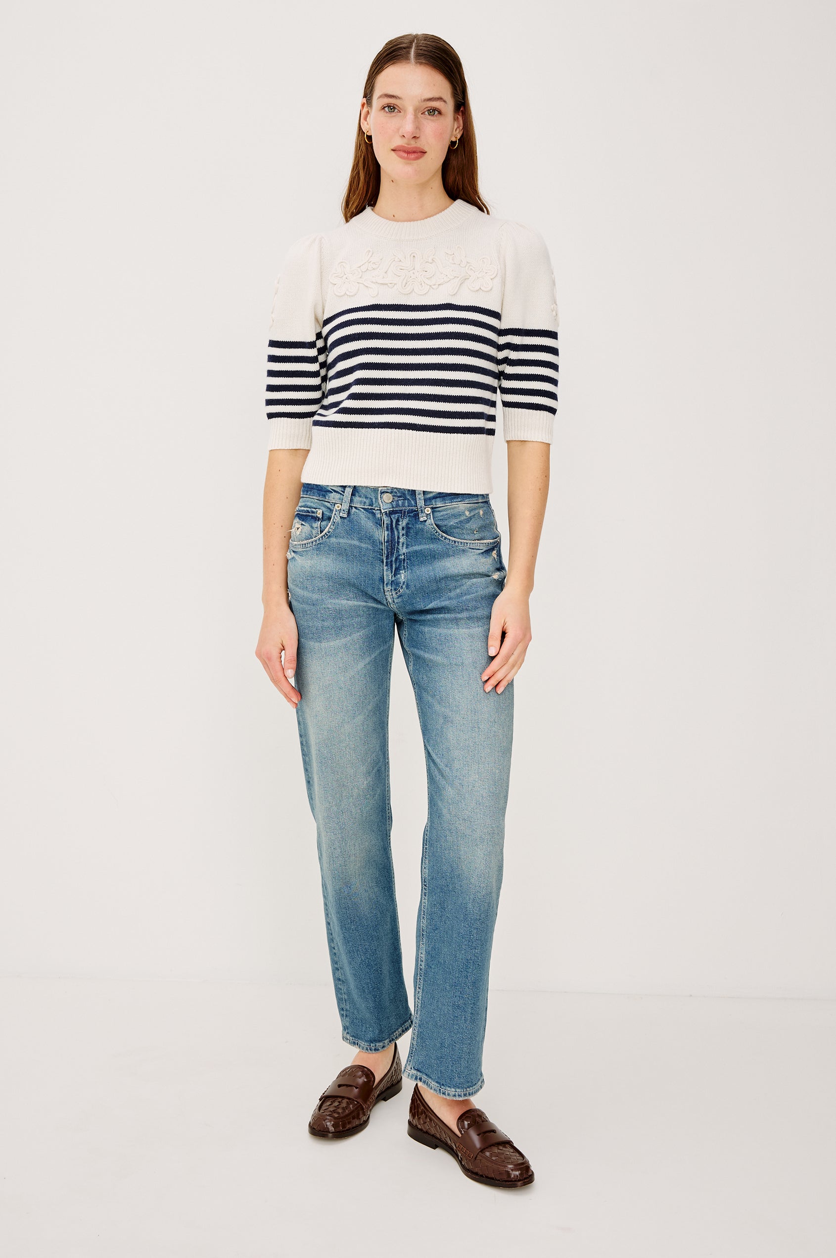 Martha Top in Wool Blend With Crew Neckline, Soutached Floral Detailing, Elbow-Length Puff Sleeves, and Ribbed Trim in Navy Floral Stripe Colorway - Full Body Front View Featured on Model