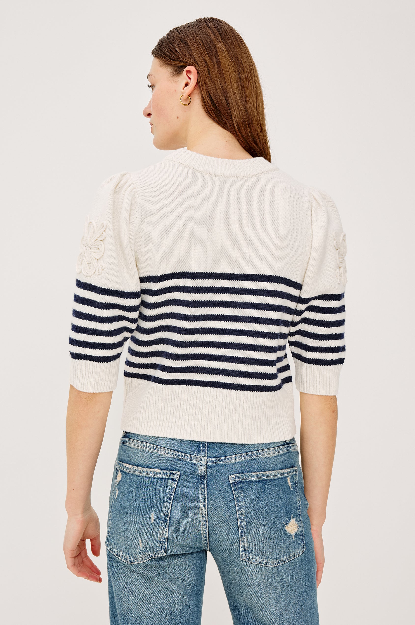 Martha Top in Wool Blend With Crew Neckline, Soutached Floral Detailing, Elbow-Length Puff Sleeves, and Ribbed Trim in Navy Floral Stripe Colorway - Upper Body Back View Featured on Model
