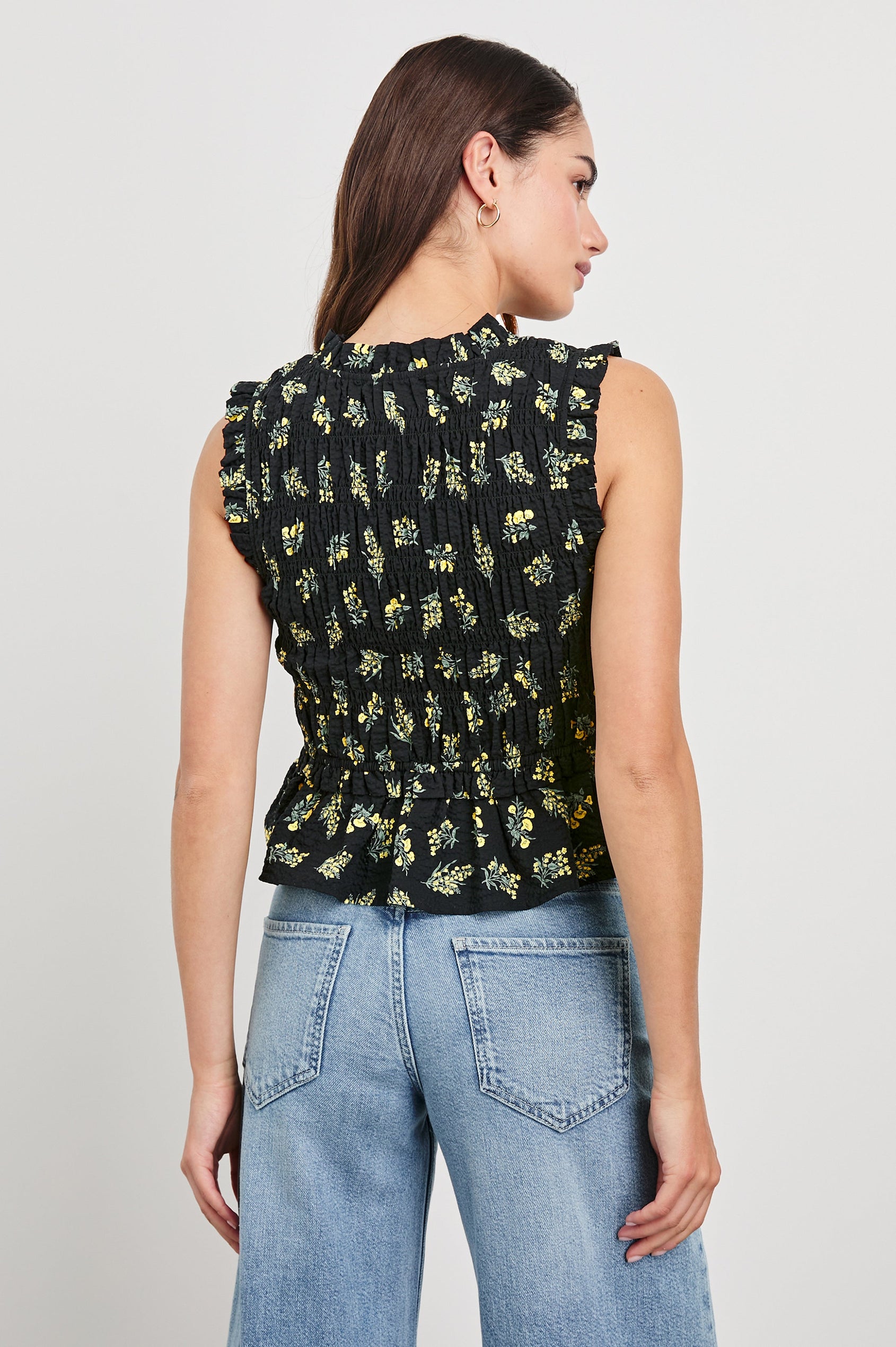 Martine peplum tank top with adjustable front closure ties in Dark Amaryllis -  back view on model