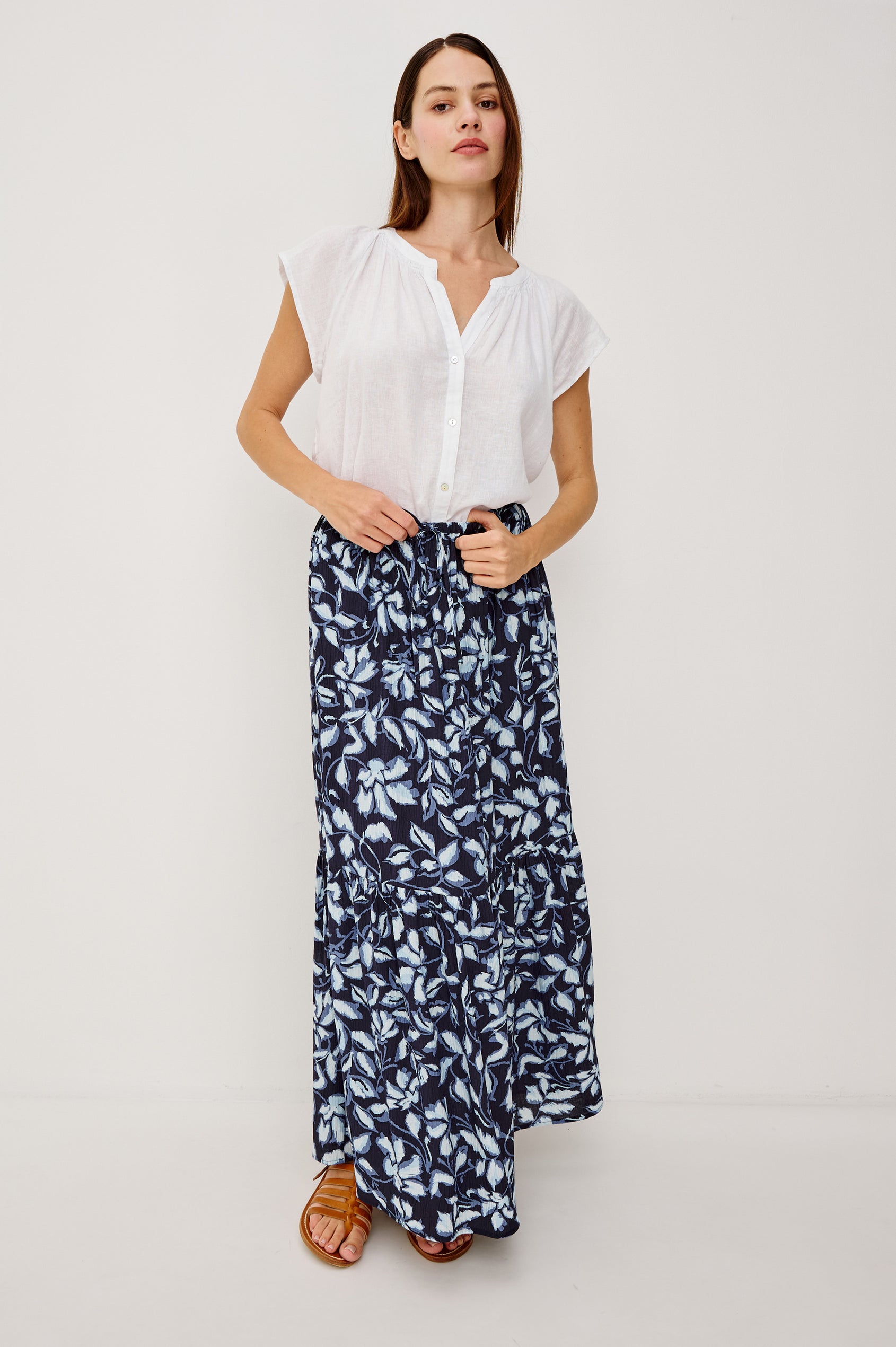 Marulo High-Waisted Floral Maxi Skirt in Pleated Chiffon With Adjustable Drawstring Ties, Single Tier Seam, and Full Interior Lining in Navy Jasmine Colorway - Full Body Front VIew Featured on Model