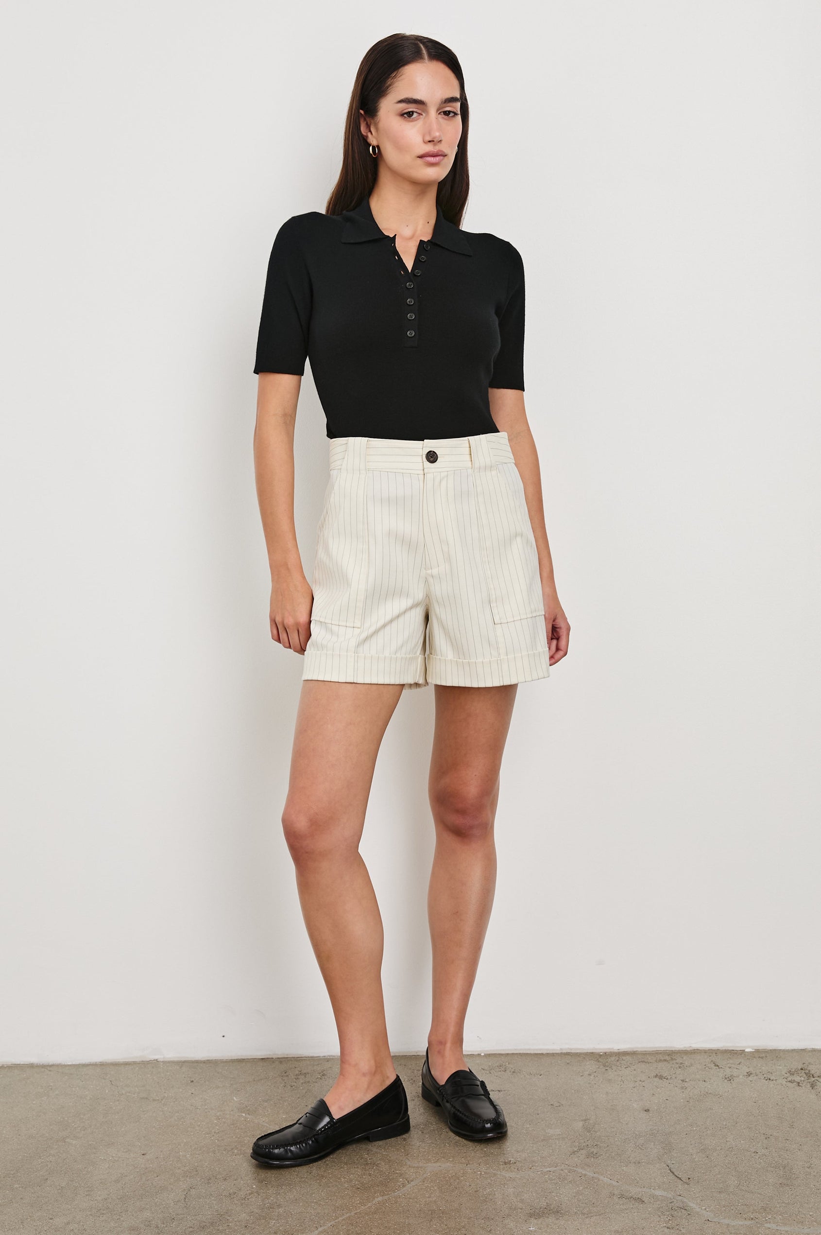 Maryam shorts with Cuffed Hems, Two Large Front Pockets, Two Back Patch Pockets, and Belt Loops in Birch Pinstripe Colorway, vertical stripes in grey and cream - Front Full Body View Featured on Model