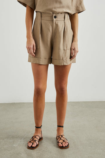Maryam shorts with Cuffed Hems, Two Large Front Pockets, Two Back Patch Pockets, and Belt Loops in Safari Colorway - Front View Featured on Model