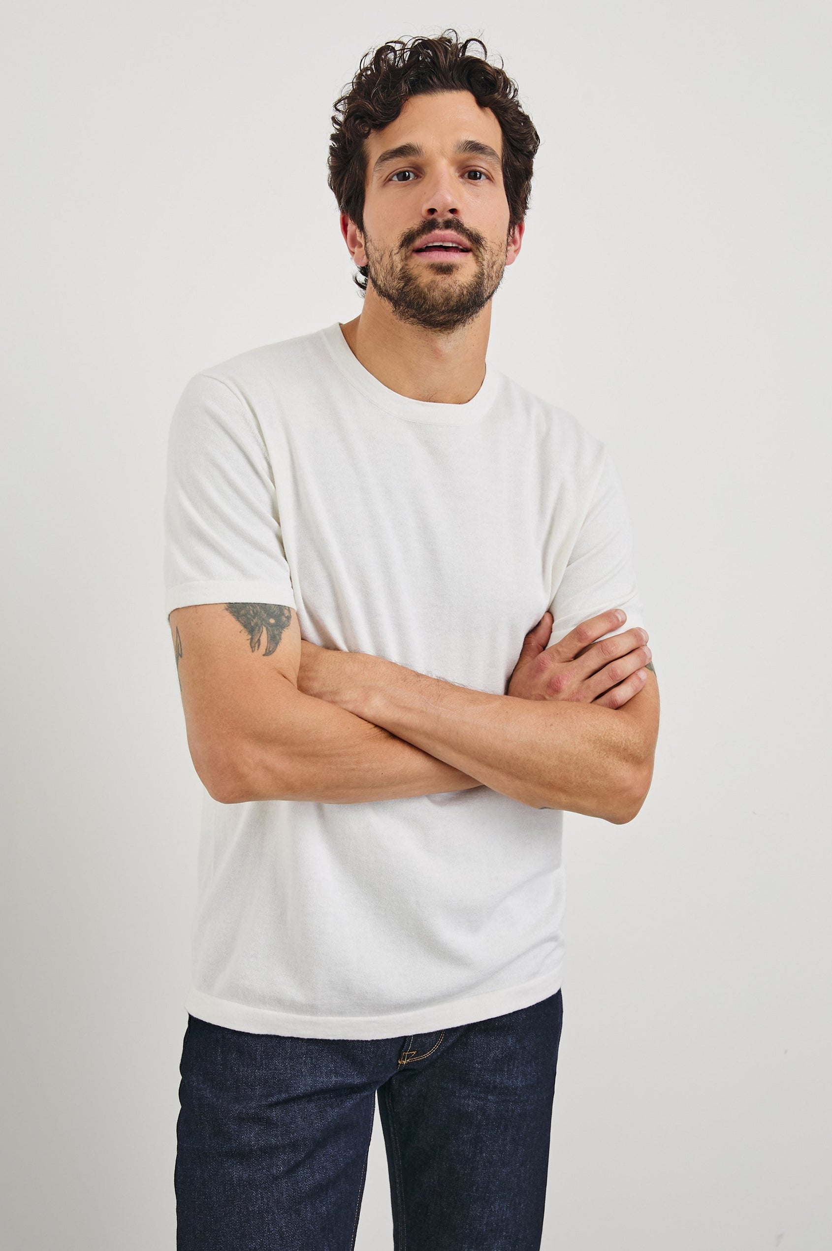 Mason Cotton Cashmere Short Sleeve T-Shirt with a Crew Neck in Cream Colorway - Front View Featured on Model