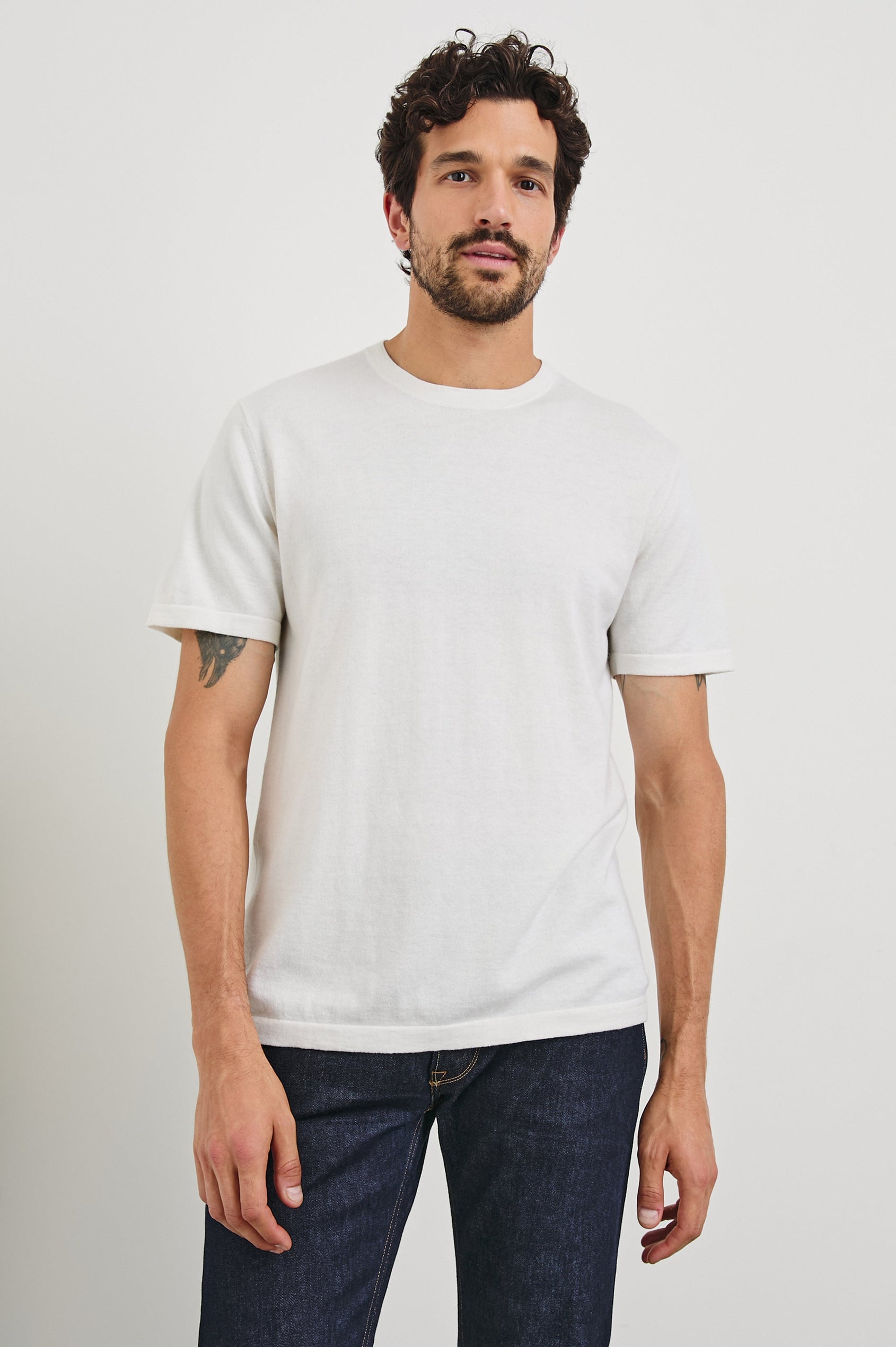 Mason Cotton Cashmere Short Sleeve T-Shirt with a Crew Neck in Cream Colorway - Front View Featured on Model