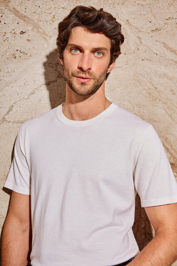 Mason Cotton Cashmere Short Sleeve T-Shirt with a Crew Neck in Cream Colorway - Front View Featured on Model