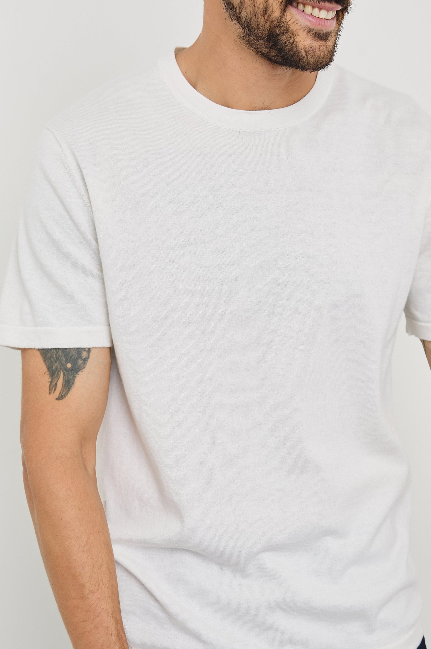 Mason Cotton Cashmere Short Sleeve T-Shirt with a Crew Neck in Cream Colorway - Front View Featured on Model