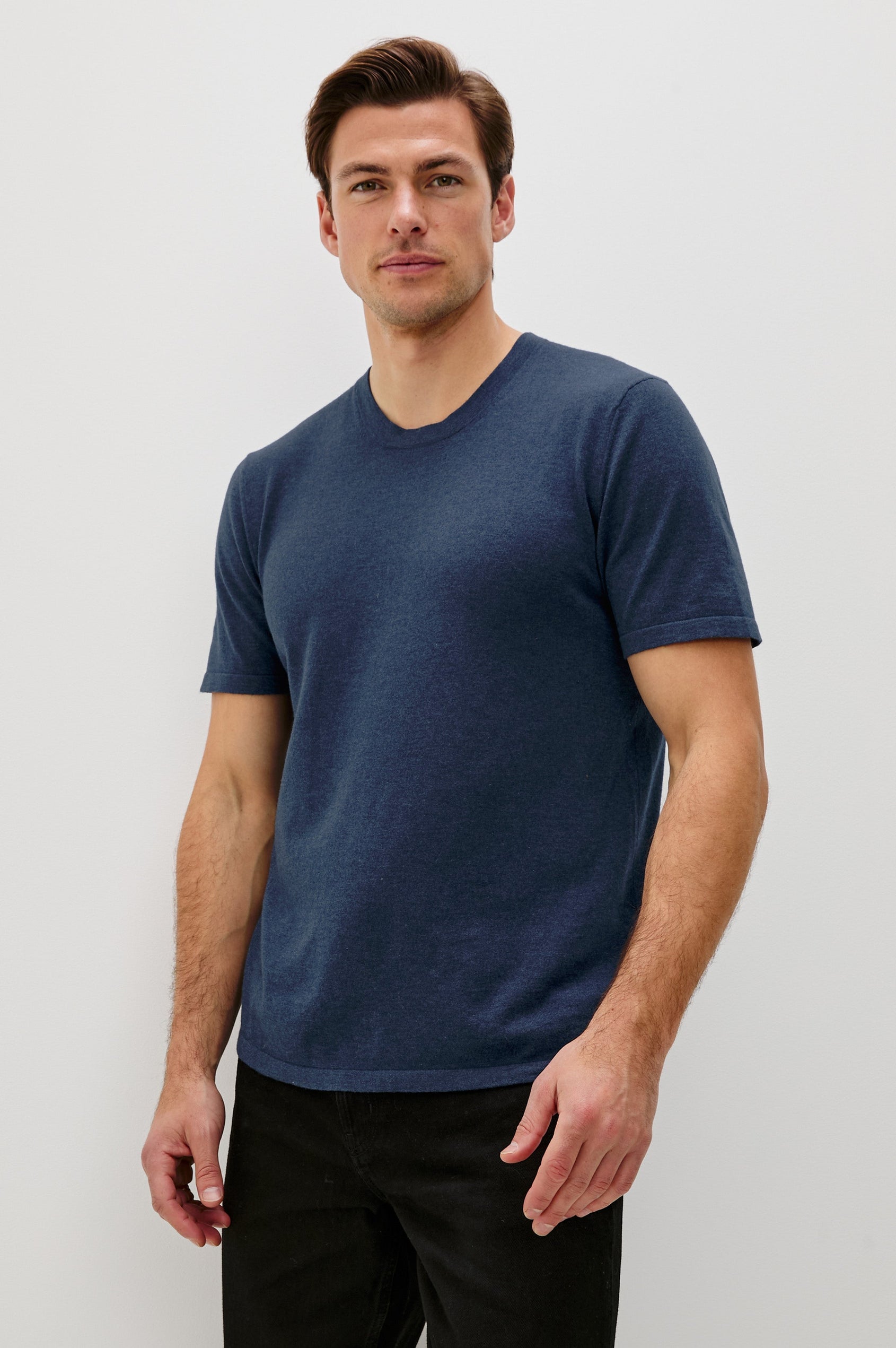 Mason Cotton Cashmere Short Sleeve T-Shirt with a Crew Neck in Heather Blue Colorway - Front View Featured on Model