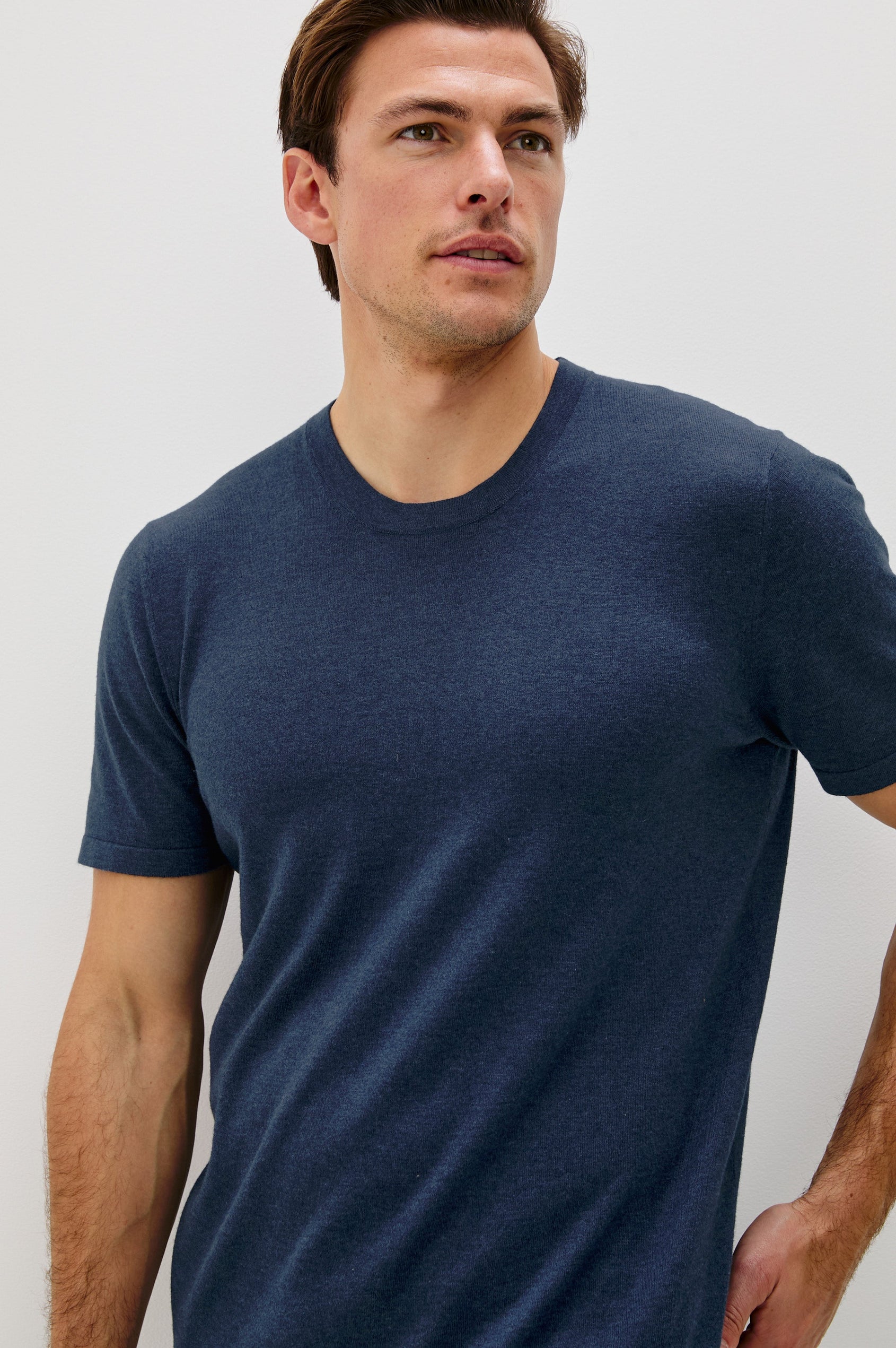 Mason Cotton Cashmere Short Sleeve T-Shirt with a Crew Neck in Heather Blue Colorway - Front Detail View Featured on Model