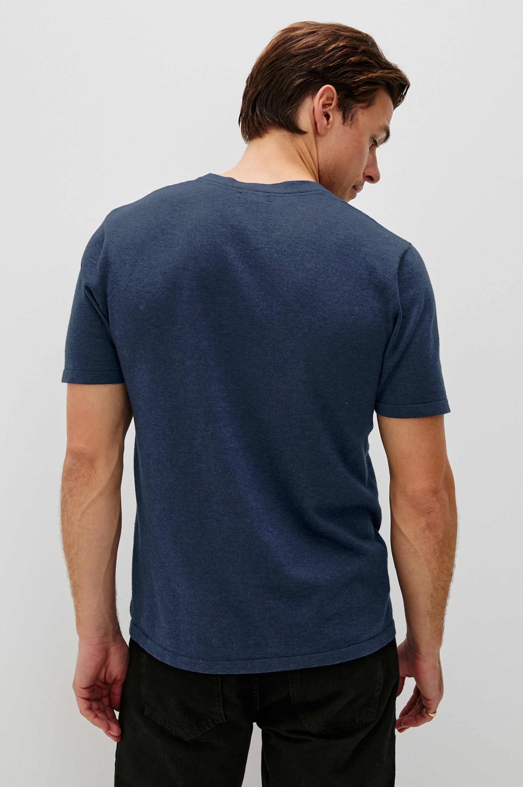 Mason Cotton Cashmere Short Sleeve T-Shirt with a Crew Neck in Heather Blue Colorway - Back View Featured on Model