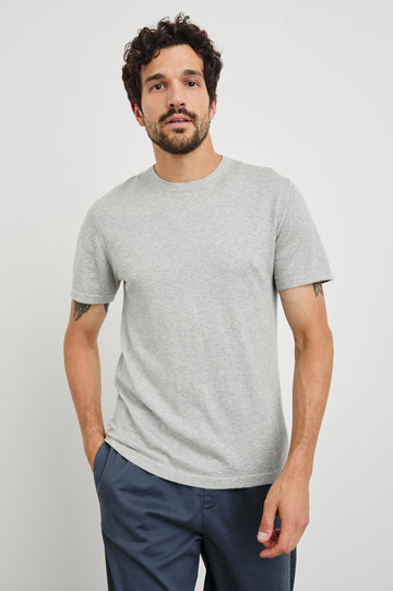 Mason Cotton Cashmere Short Sleeve T-Shirt with a Crew Neck in Heather Grey Colorway - Front View Featured on Model