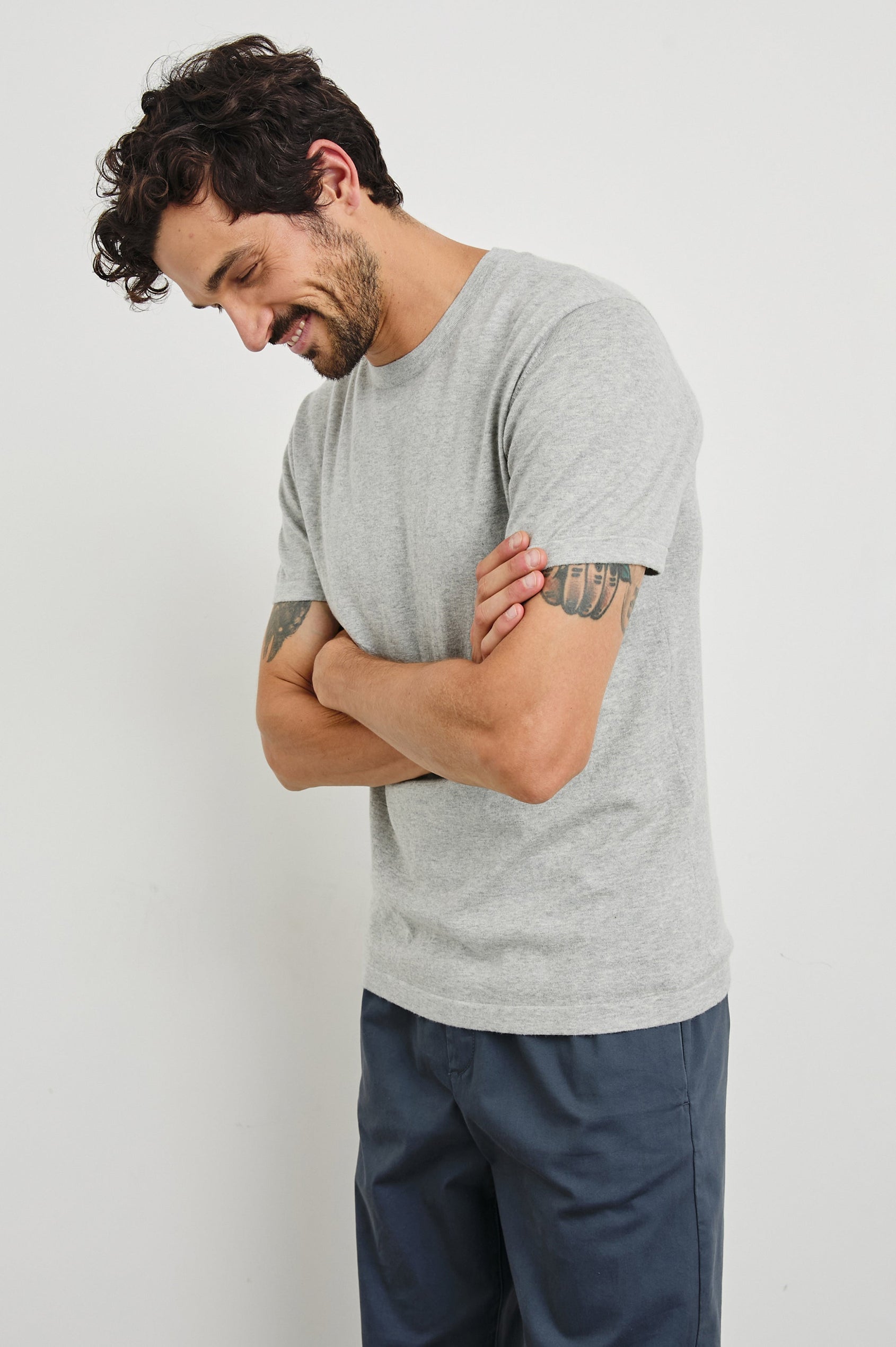 Mason Cotton Cashmere Short Sleeve T-Shirt with a Crew Neck in Heather Grey Colorway - Side View Featured on Model