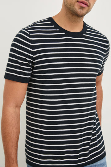 Mason cotton cashmere short sleeve crewneck t-shirt in Nautical Navy Stripe - close up of details on model