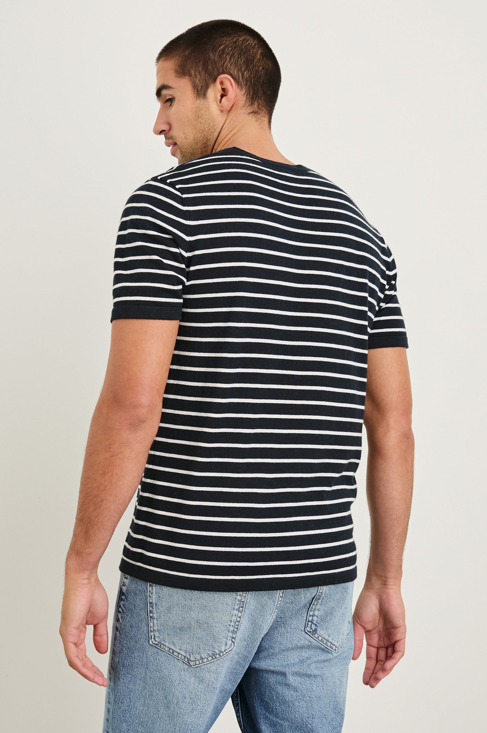 Mason cotton cashmere short sleeve crewneck t-shirt in Nautical Navy Stripe - back view on model