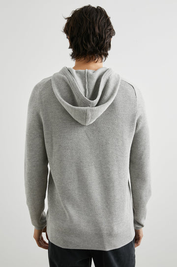 Matador Hoodie with Drawstring ties and a Kangaroo Pocket in Grey Heather Colorway - Back View Featured on Model