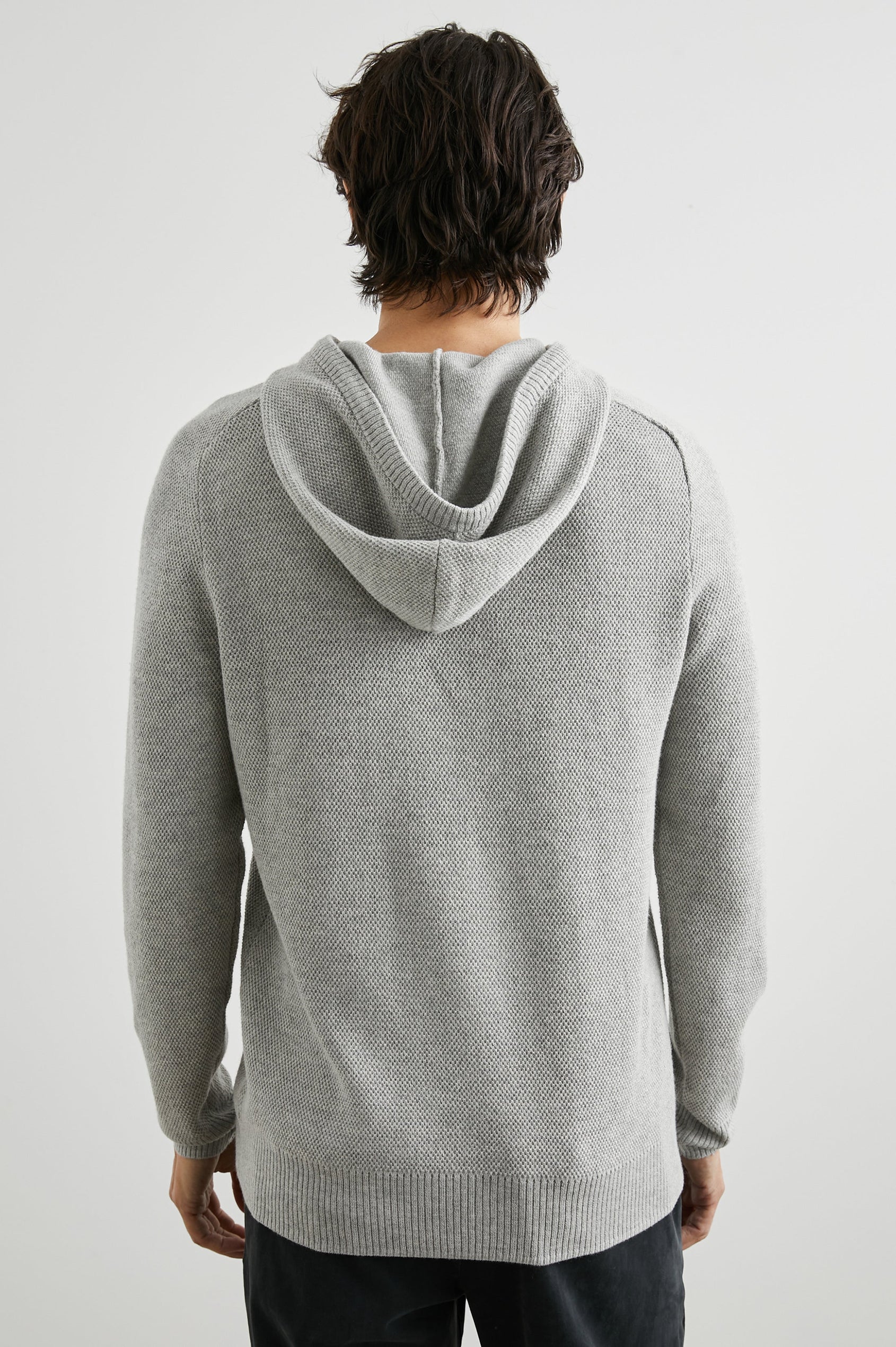 Matador Hoodie with Drawstring ties and a Kangaroo Pocket in Grey Heather Colorway - Back View Featured on Model