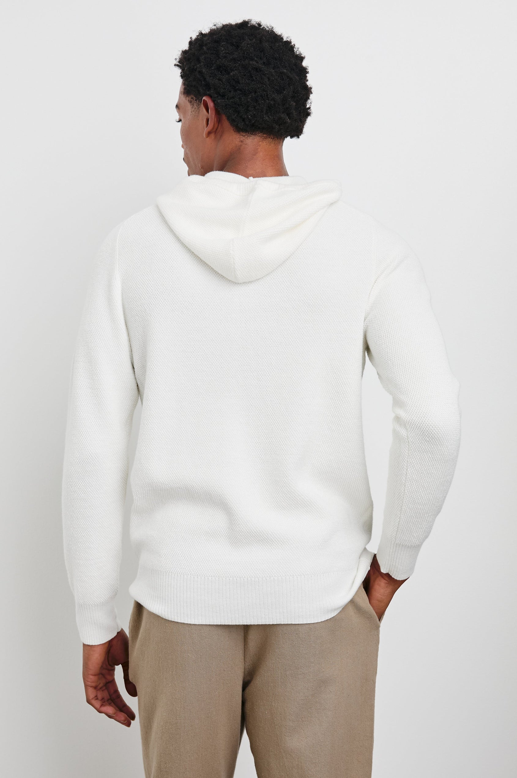 Matador Hoodie with Drawstring ties and a Kangaroo Pocket in White Colorway - Back View Featured on Model