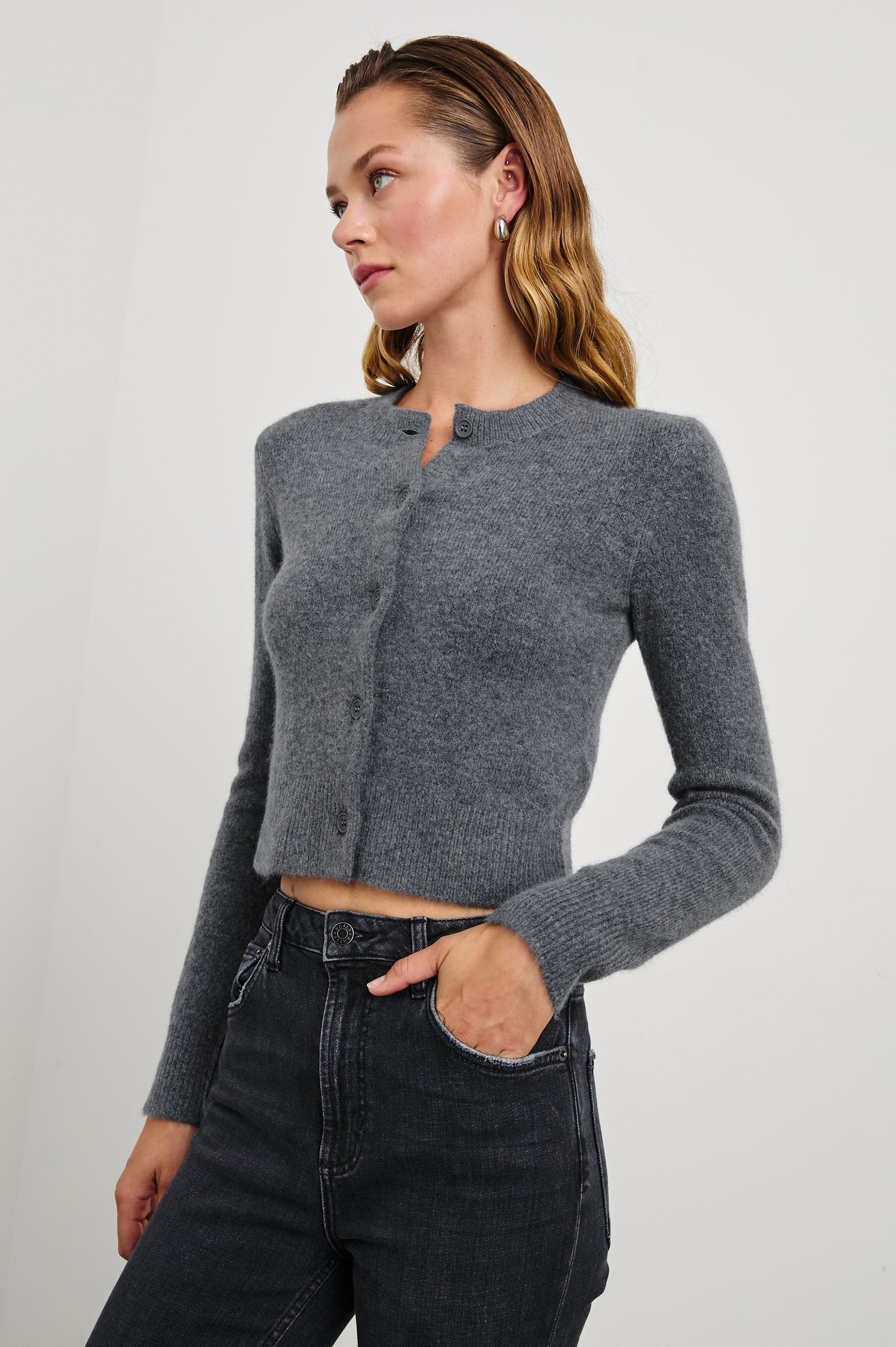 Matilda Cropped Long-Sleeve Sweater with Button Closure, Crew Neck and Ribbed Trim in Charcoal Colorway - Front View Featured on Model
