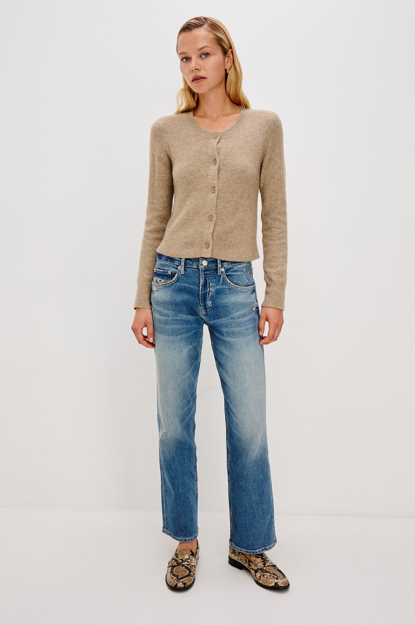 Matilda Cropped Long-Sleeve Sweater with Button Closure, Crew Neck and Ribbed Trim in Heather Oat Colorway - Full Body Front View Featured on Model
