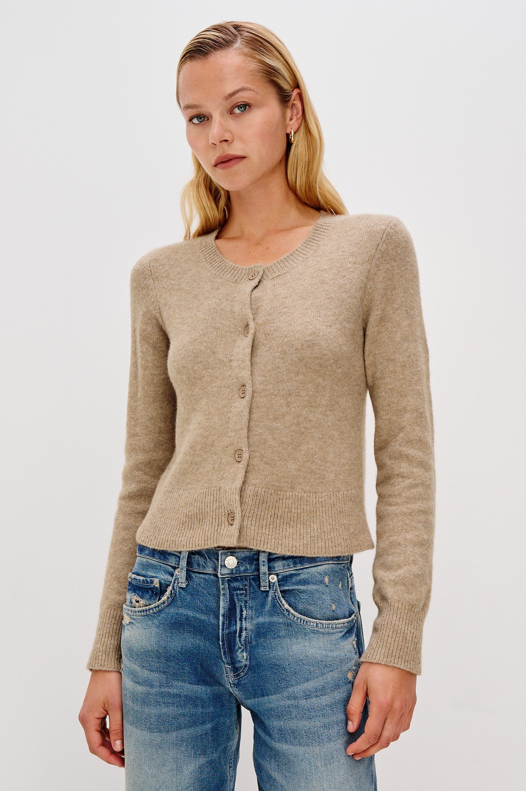 Matilda Cropped Long-Sleeve Sweater with Button Closure, Crew Neck and Ribbed Trim in Heather Oat Colorway - Front View Featured on Model
