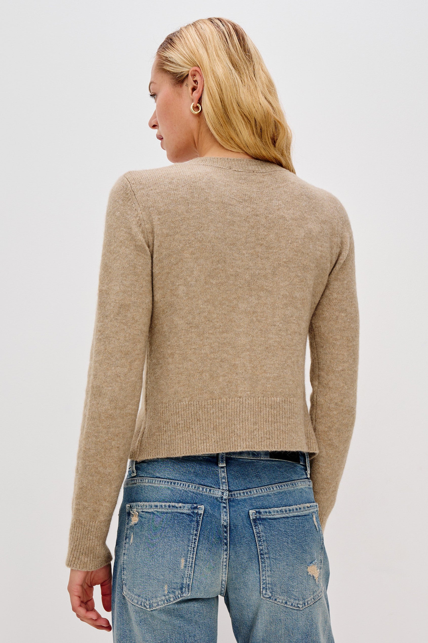 Matilda Cropped Long-Sleeve Sweater with Button Closure, Crew Neck and Ribbed Trim in Heather Oat Colorway - Back View Featured on Model