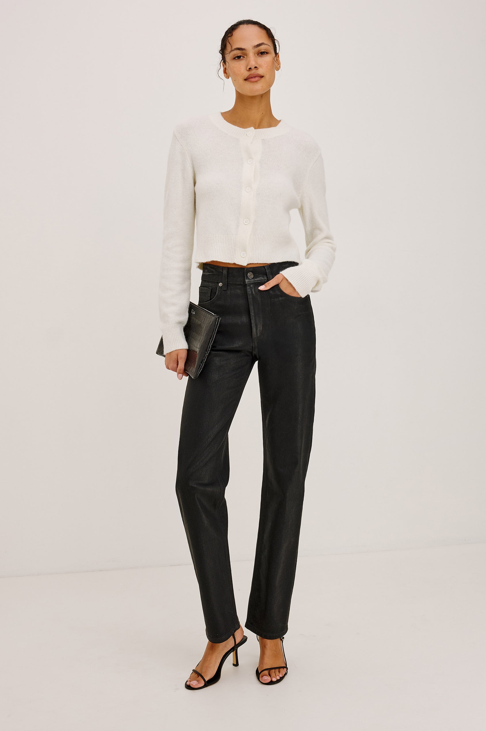 Matilda Cardigan in Wool-Blend Knit WIth Relaxed Slightly Cropped Fit, Crew Neck, Front Buttons, and Ribbed Trim in Ivory Colorway - Full Body Front View Featured on Model