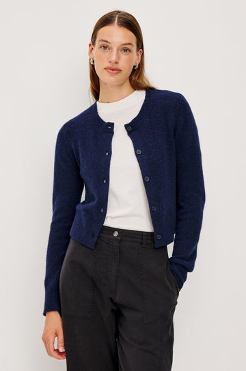 Matilda Cropped Long-Sleeve Sweater with Button Closure, Crew Neck and Ribbed Trim in Navy Colorway - Front View Featured on Model, Unbuttoned